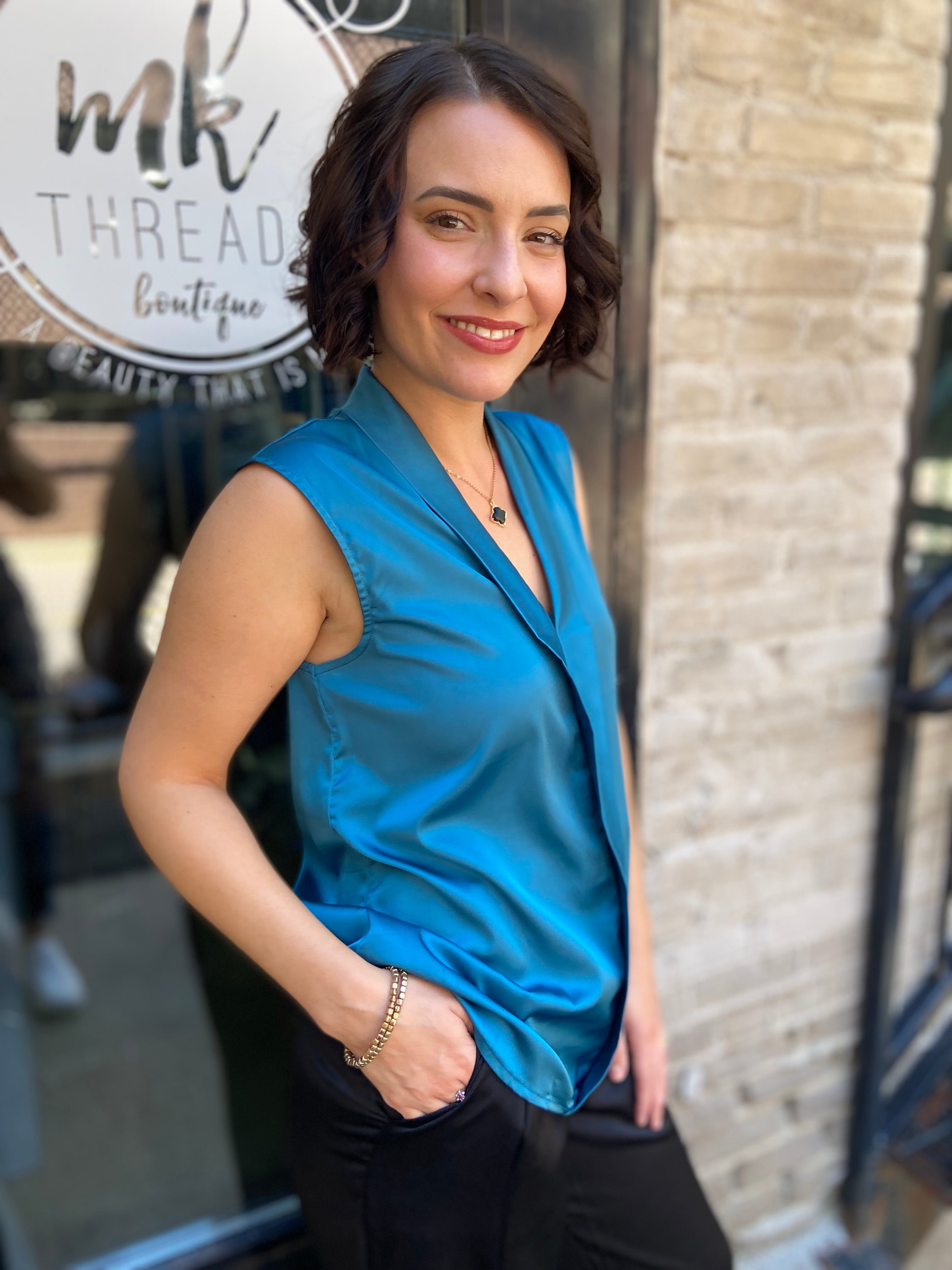 Abbey Teal Satin Collard Sleeveless Blouse