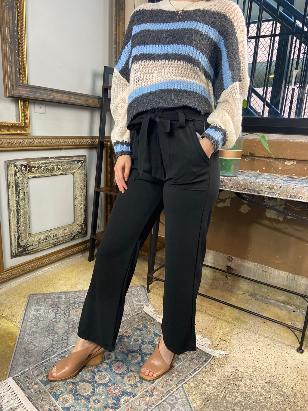 Sadie Black Knit Paperbag Tie Pants