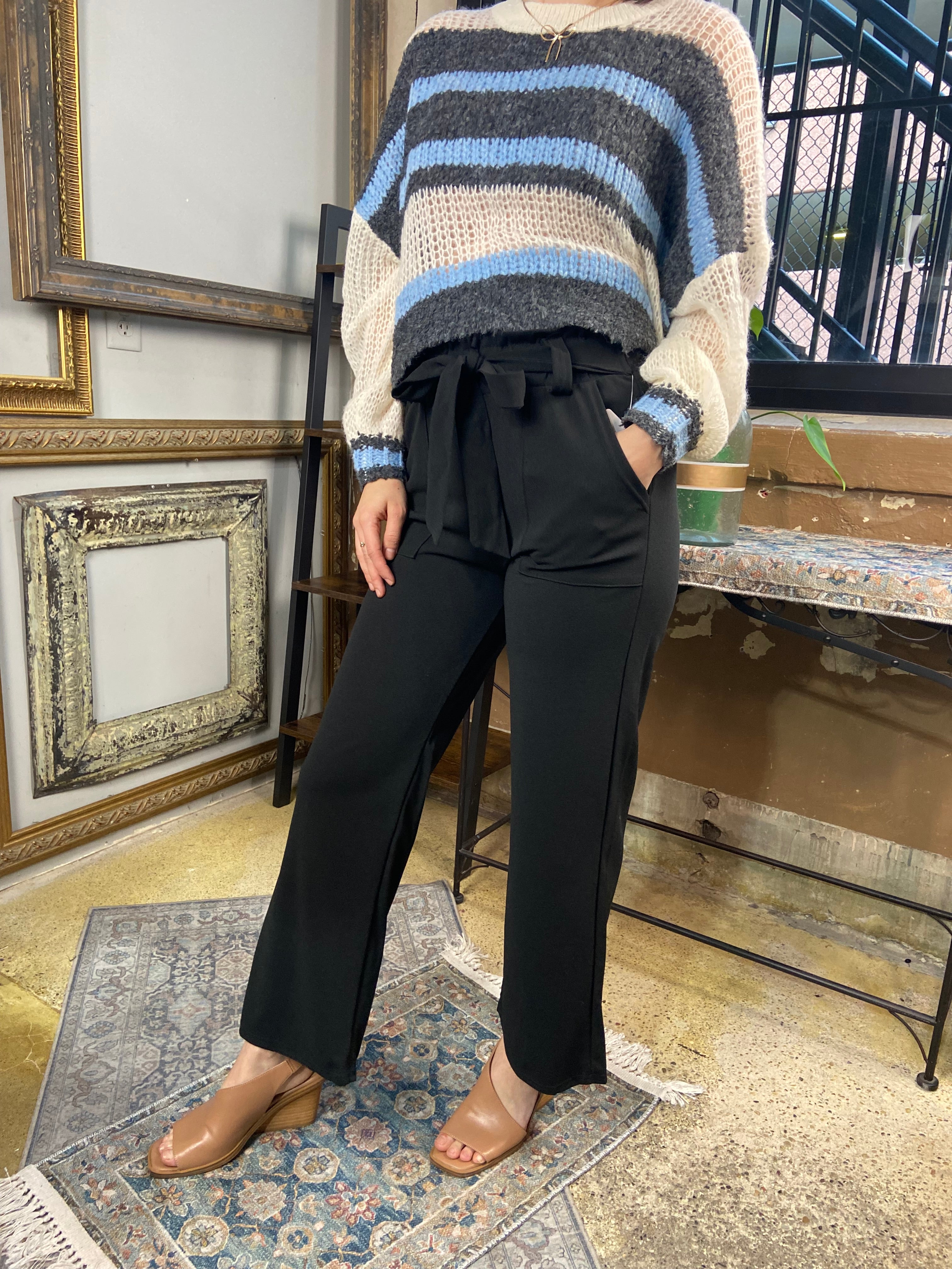 Sadie Black Knit Paperbag Tie Pants