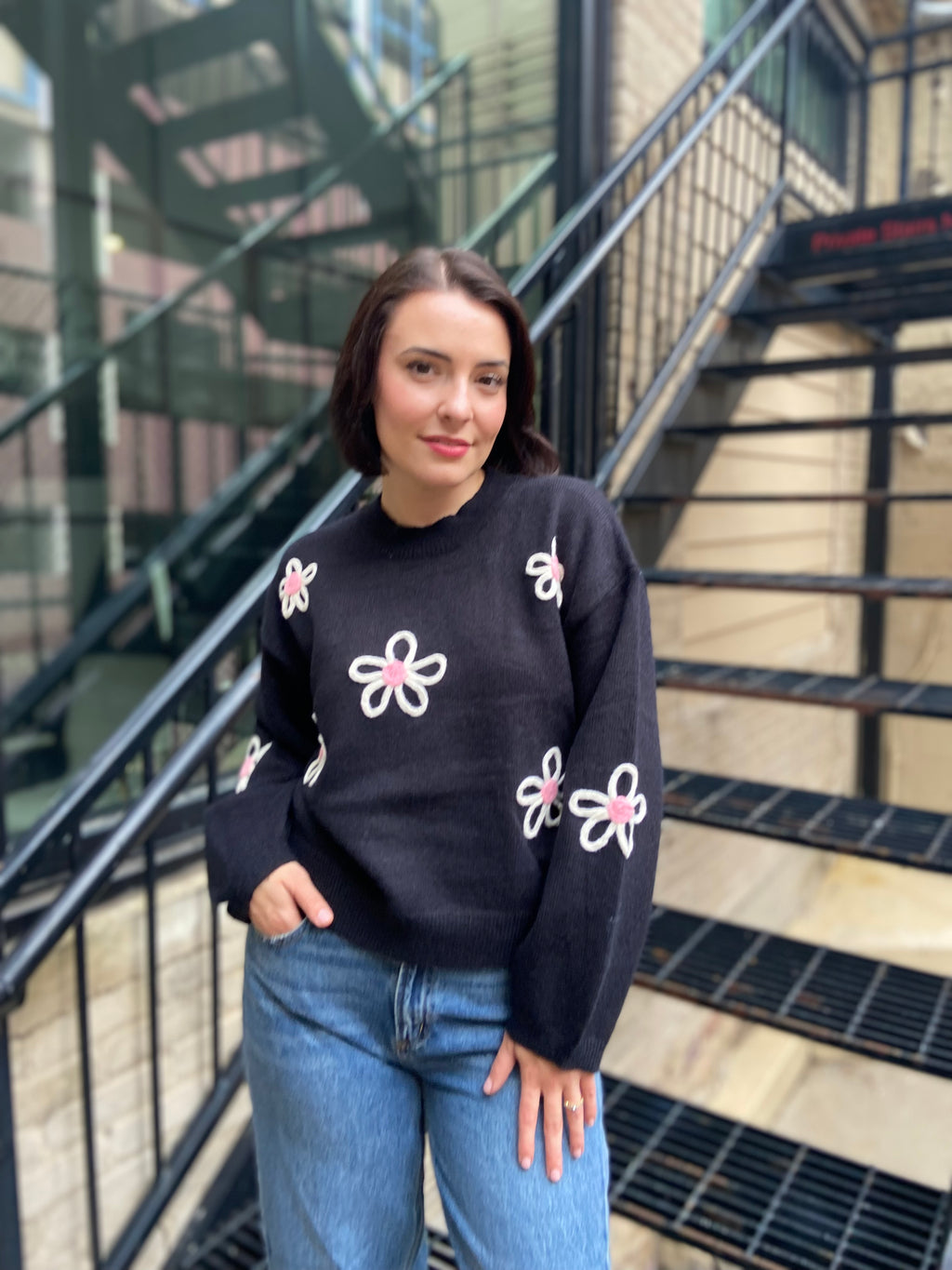 Monty Black & Pink Flower Knit Sweater