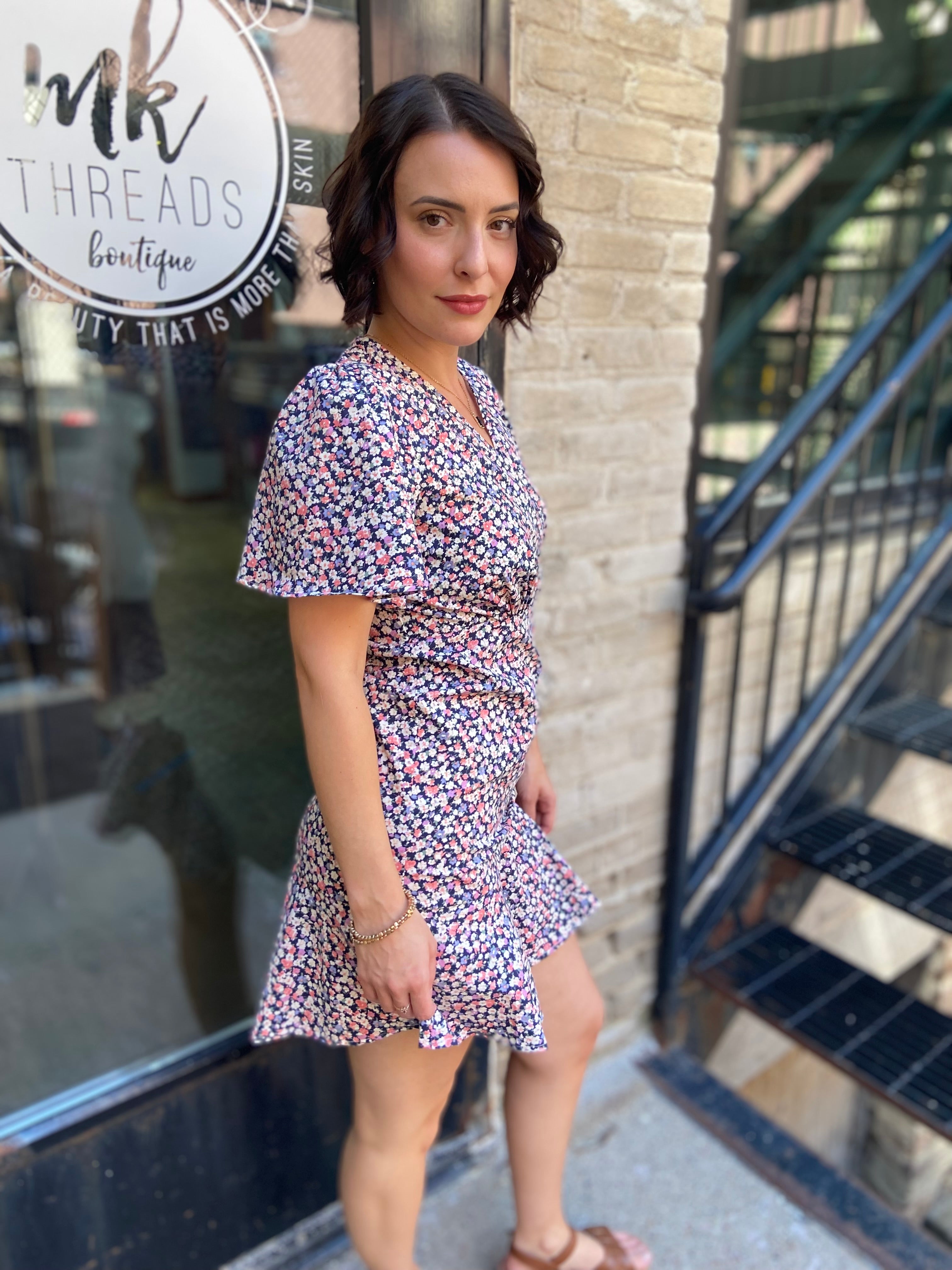 Luci Black Floral V-Neck Cap Sleeve Mini Dress