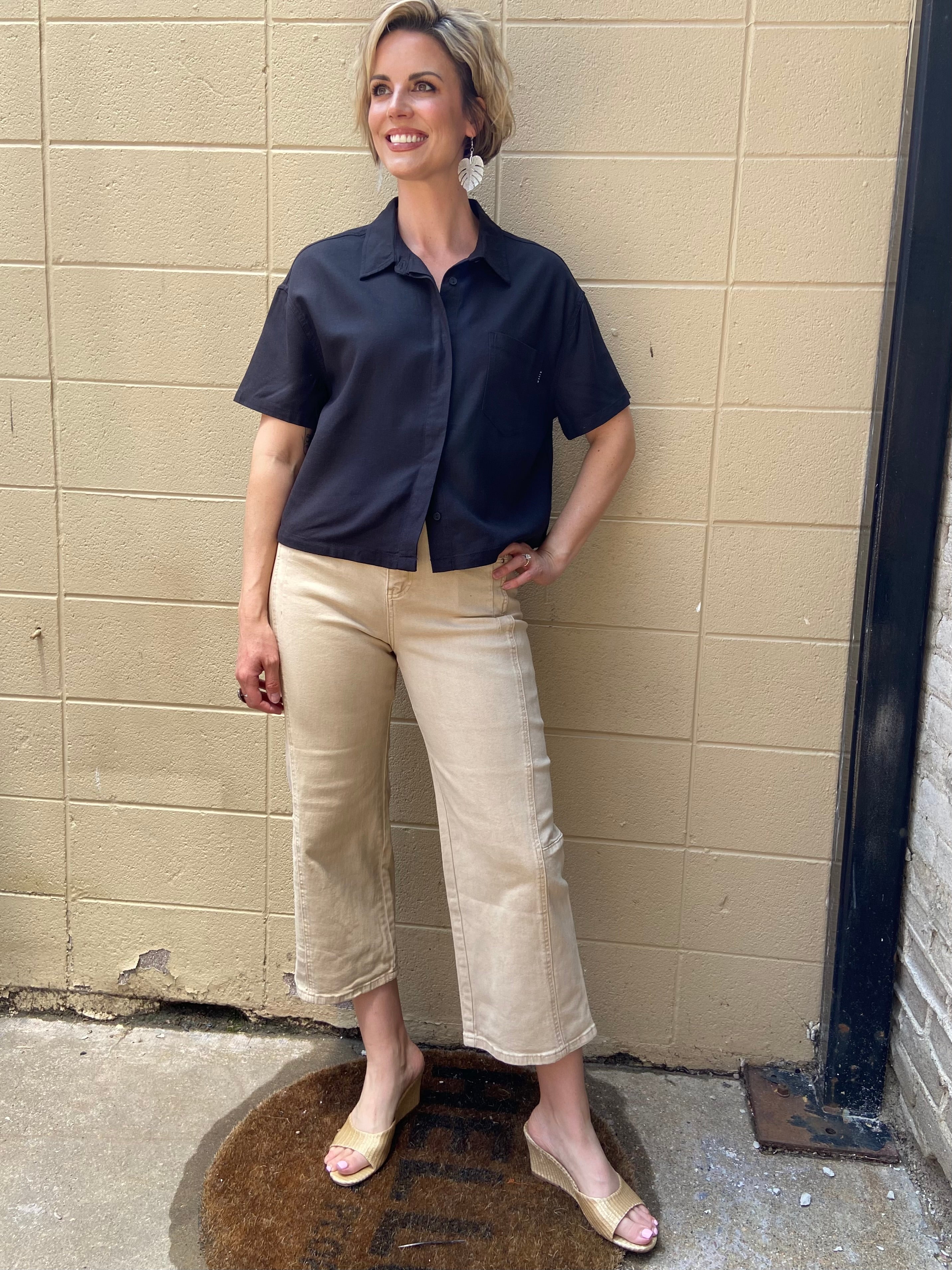Ani Black Short Sleeve Linen Risen Button Up - MK Threads Boutique