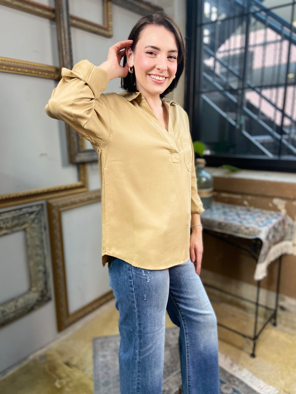 Quin Beige V Neck Long Sleeve Blouse - MK Threads Boutique