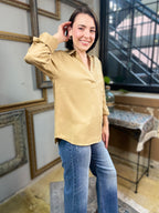 Quin Beige V Neck Long Sleeve Blouse - MK Threads Boutique
