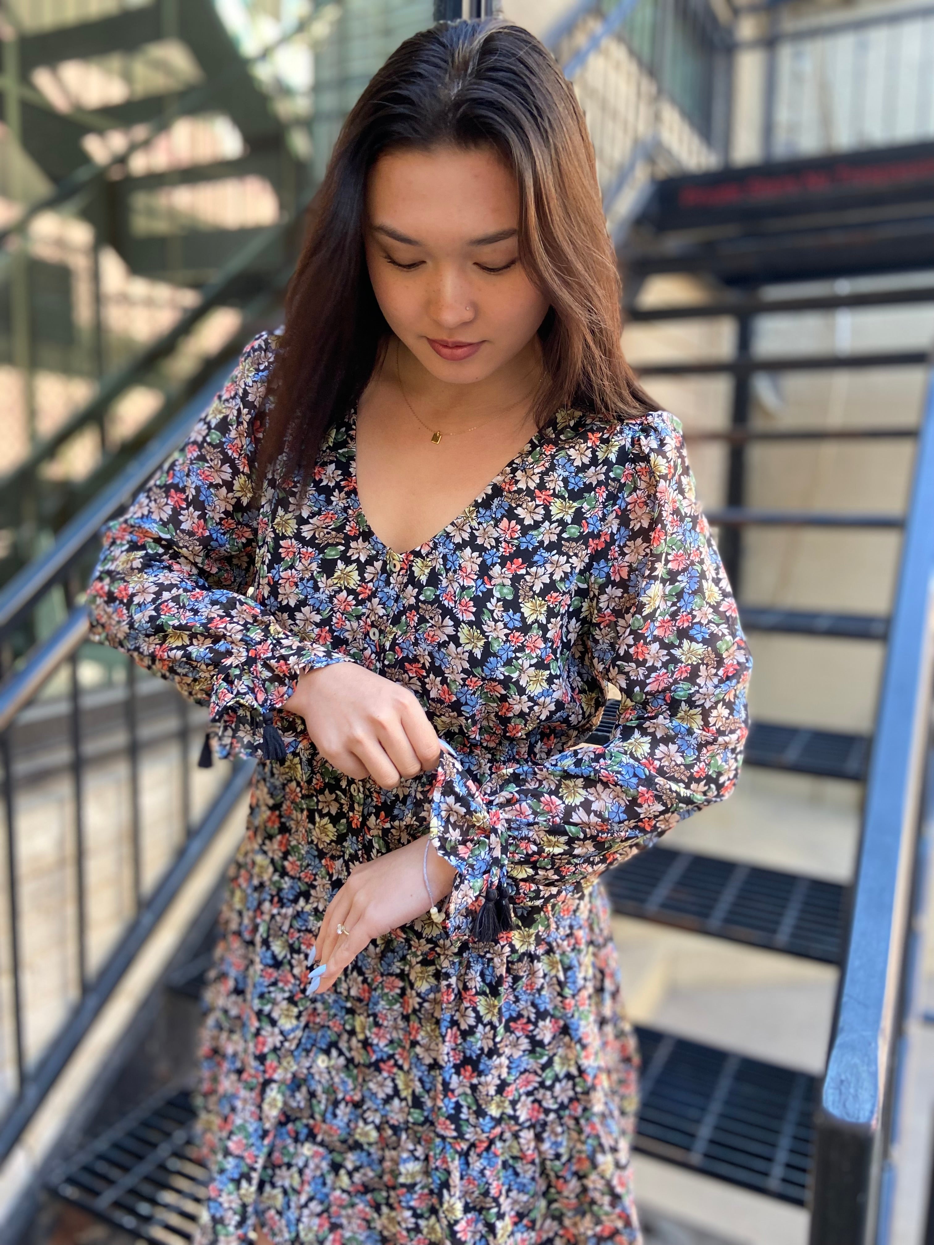 Courtney Black Floral Dainty Long Sleeve Mini Dress