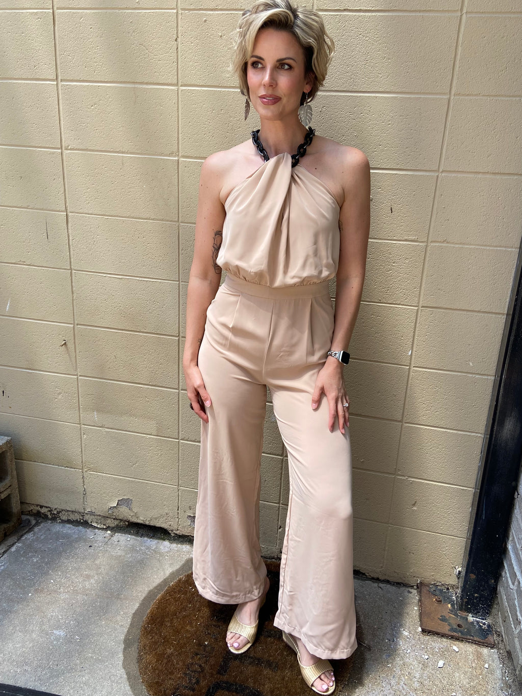 June Beige Halter Neck Jumpsuit - MK Threads Boutique