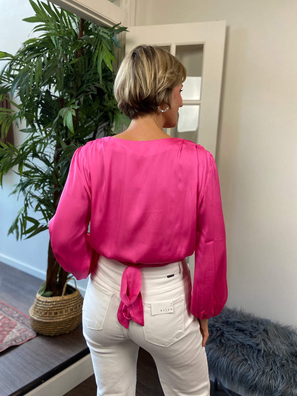 Elio Hot Pink V Neck Long Sleeve Blouse - MK Threads Boutique