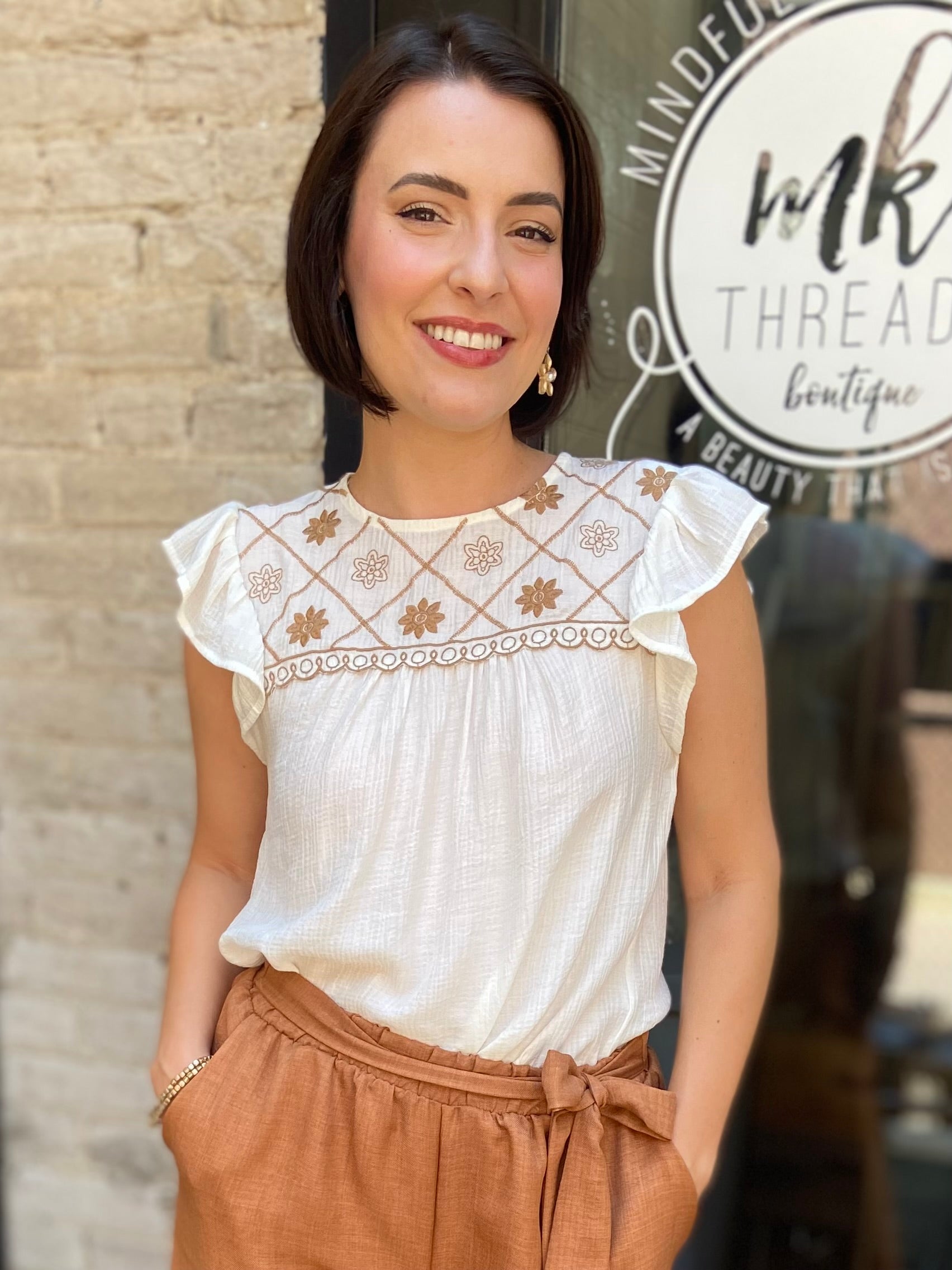 Vireo White Floral Embroidered Detail Top