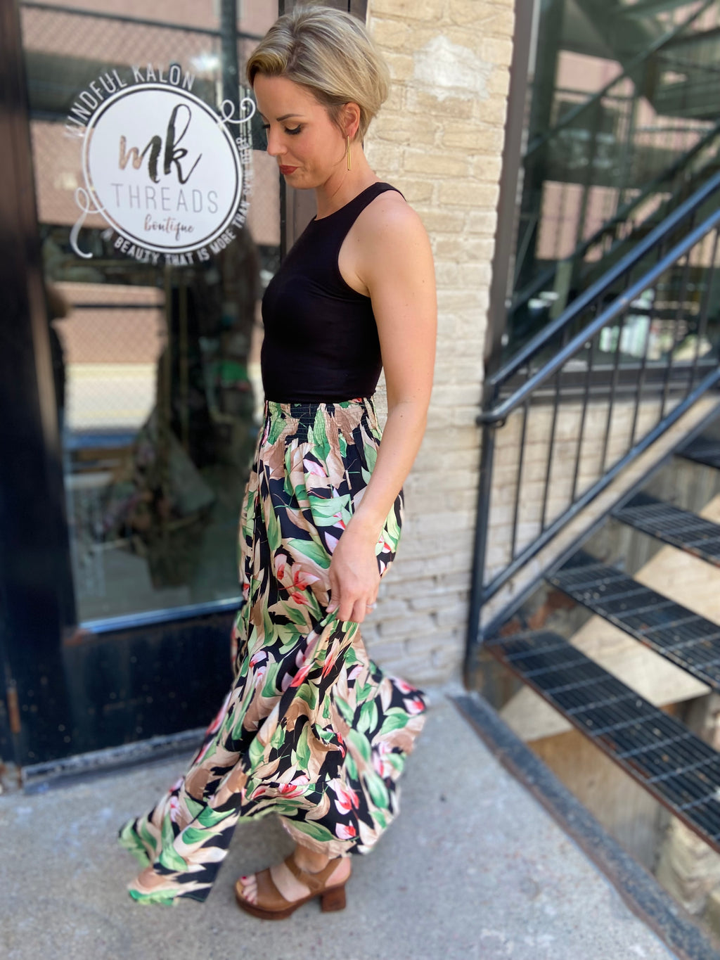 Natalia Black Tropical Pattern Midi Skirt