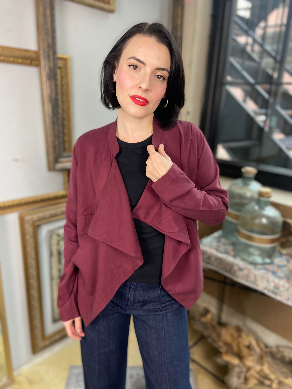 Octavia Burgundy Crop Drape Open Jacket