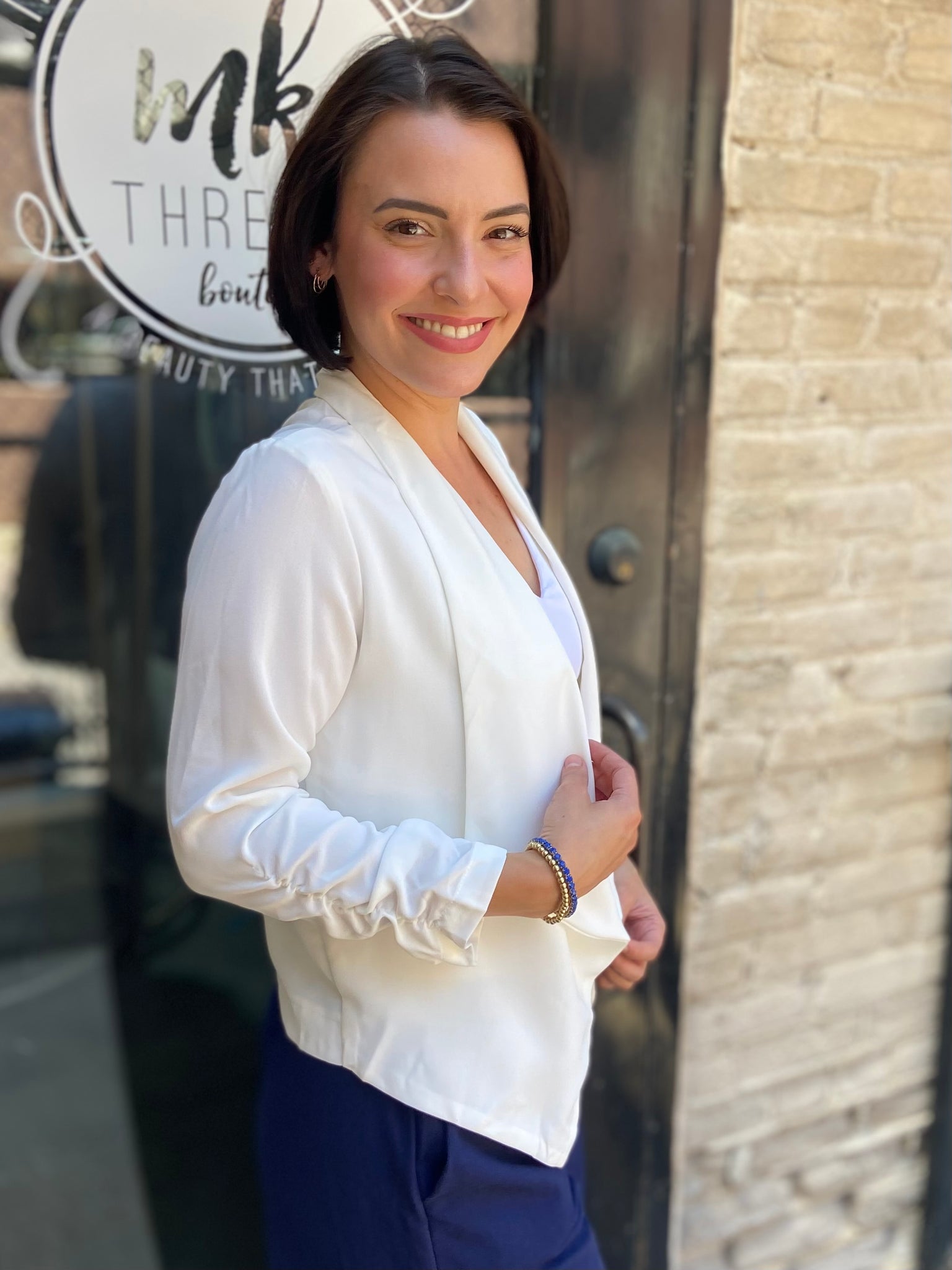 Sadi White Half Sleeve Open Cropped Blazer