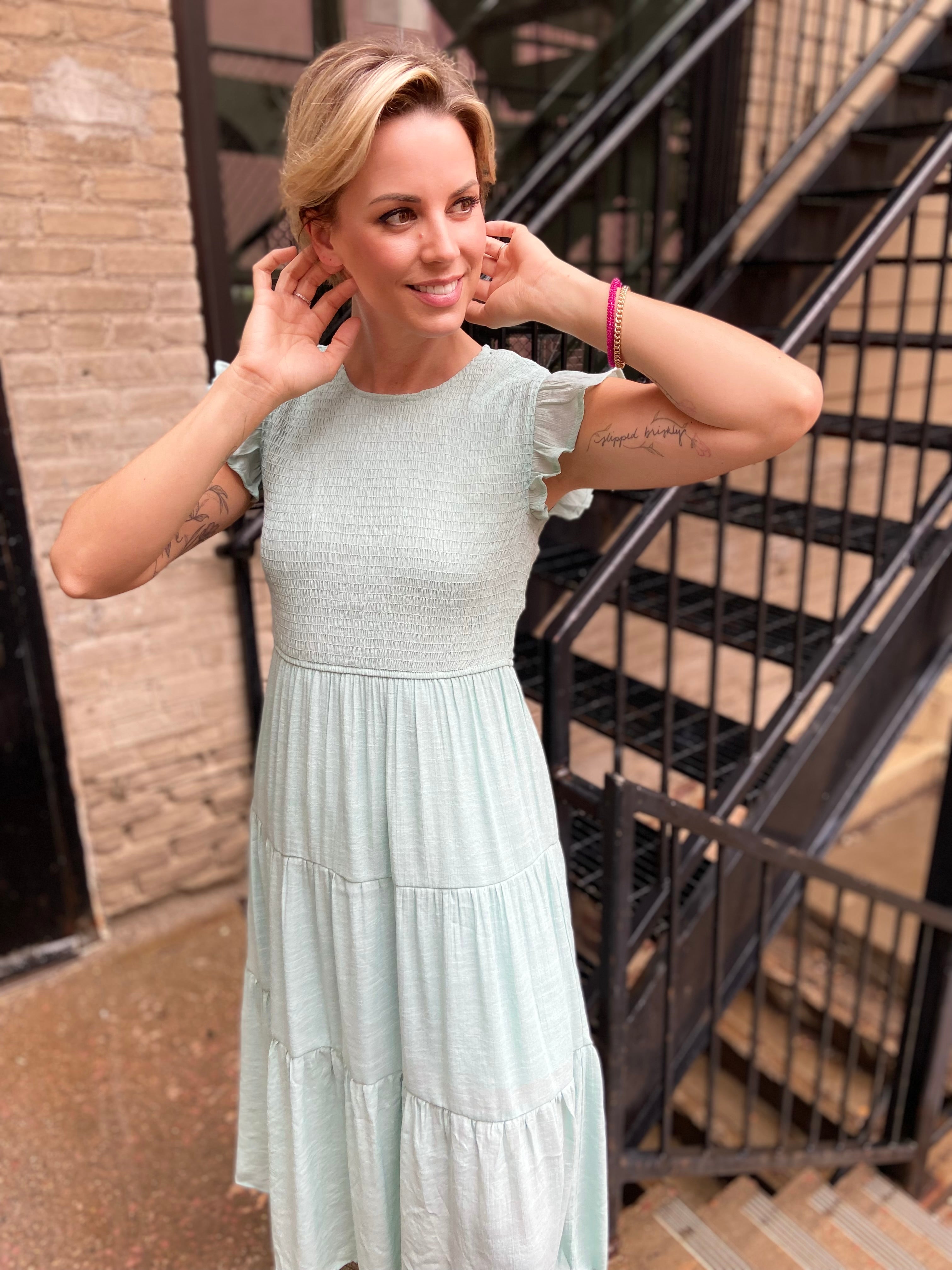 Stella Light Teal Smocked Tiered Midi Dress