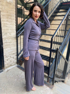 Sofie Gray Button Up Belted Crinkle Set