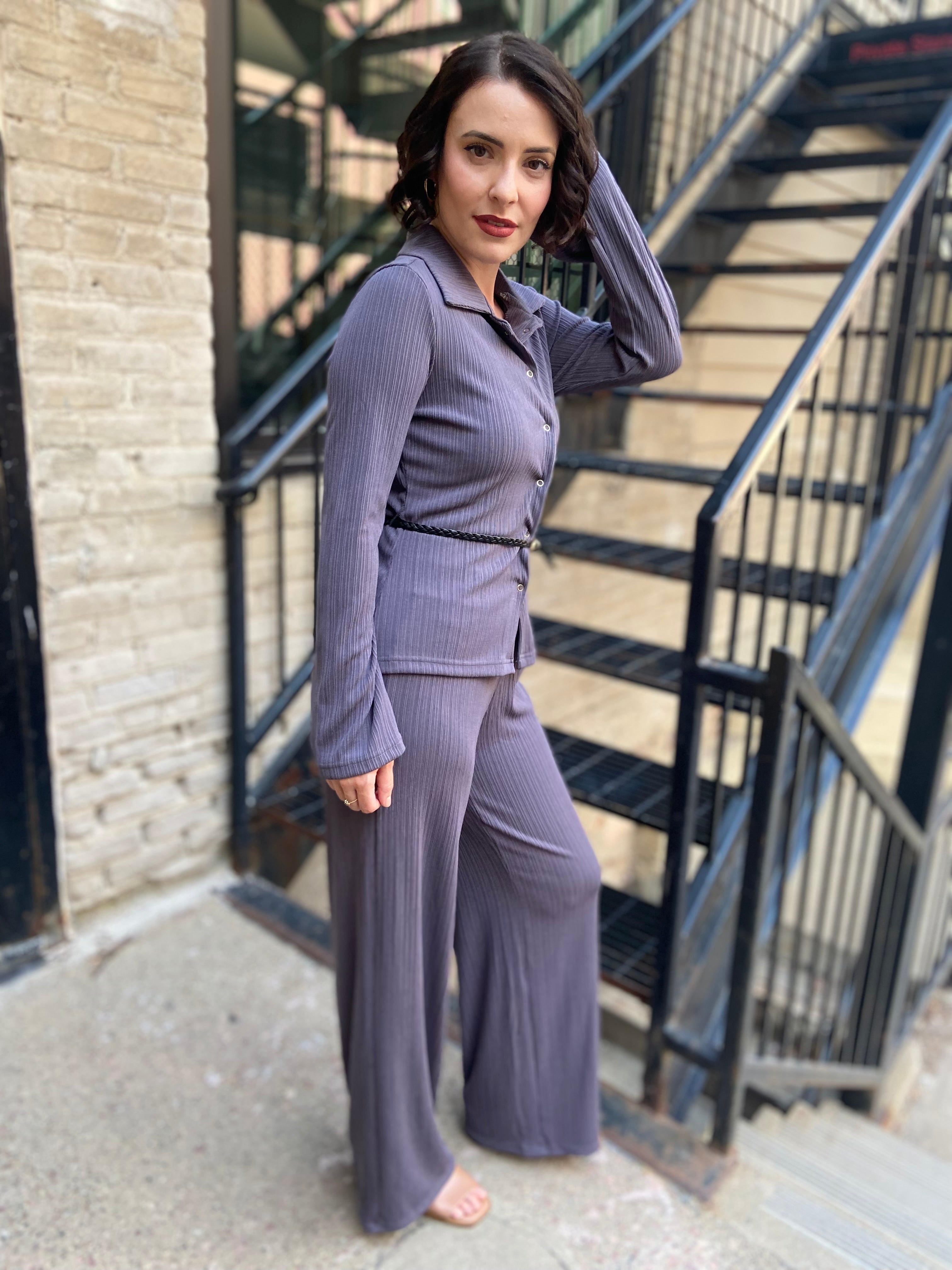 Sofie Gray Button Up Belted Crinkle Set