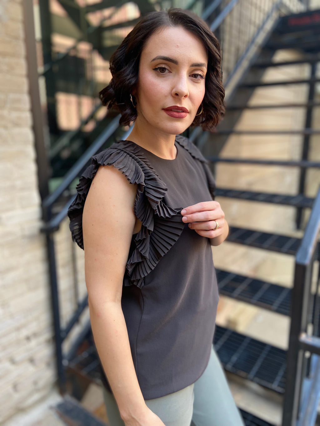 Emmett Gray Pleated Flutter Sleeve Blouse