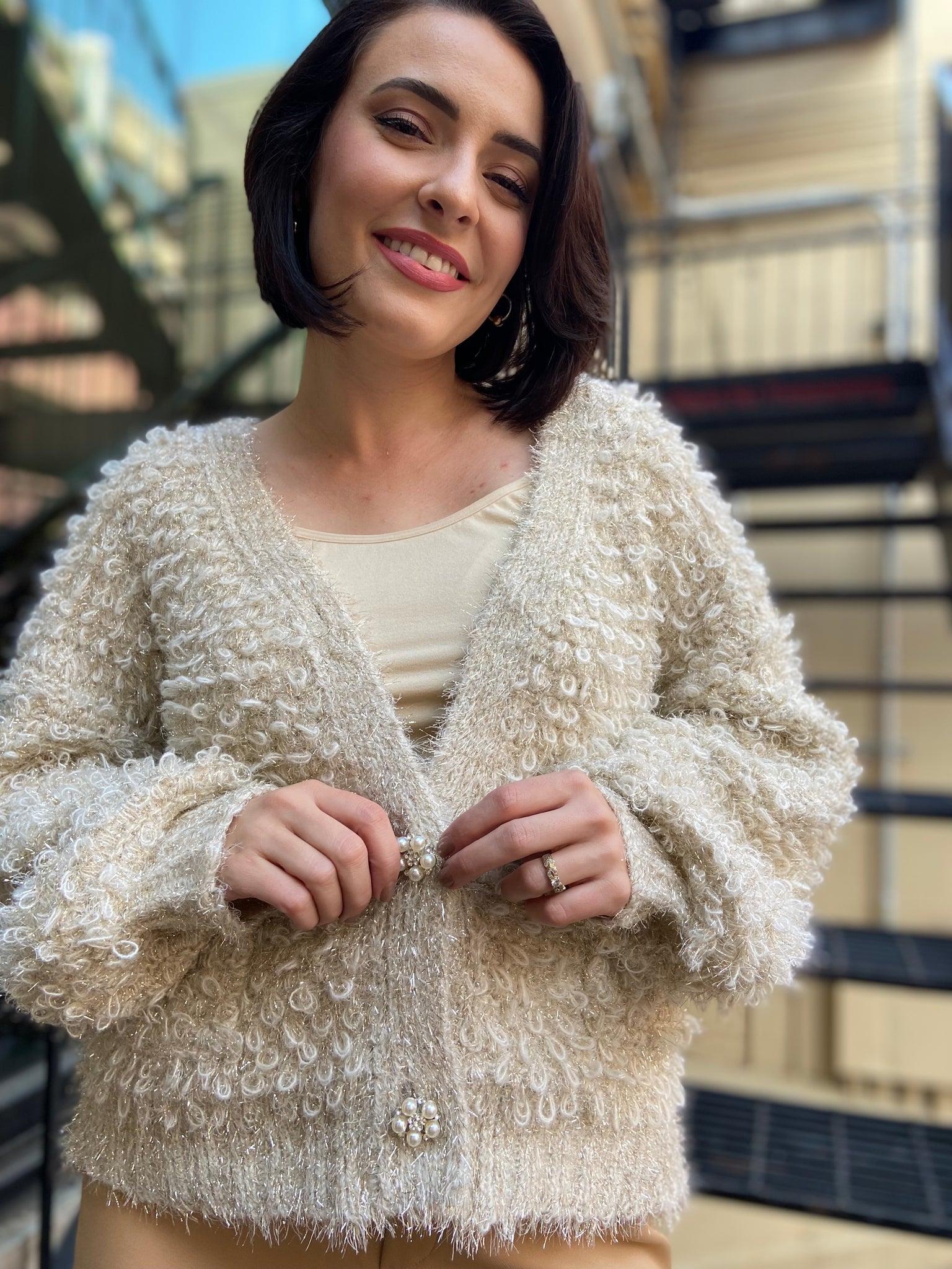 Emryn Beige Shimmer Sherpa Sweater