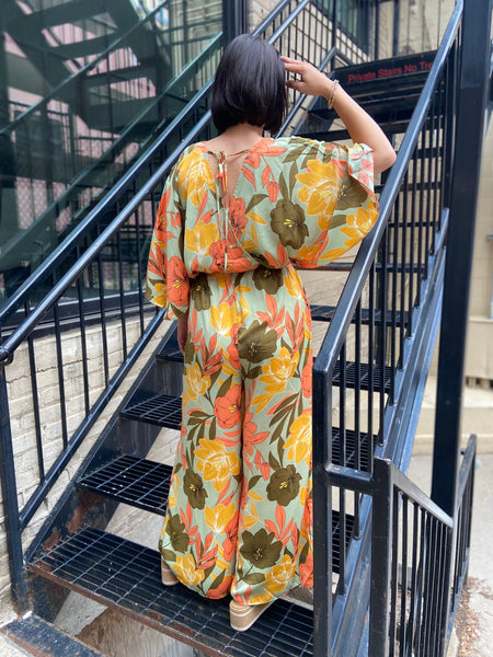 Envy Sage Floral Satin Back Tie Jumpsuit