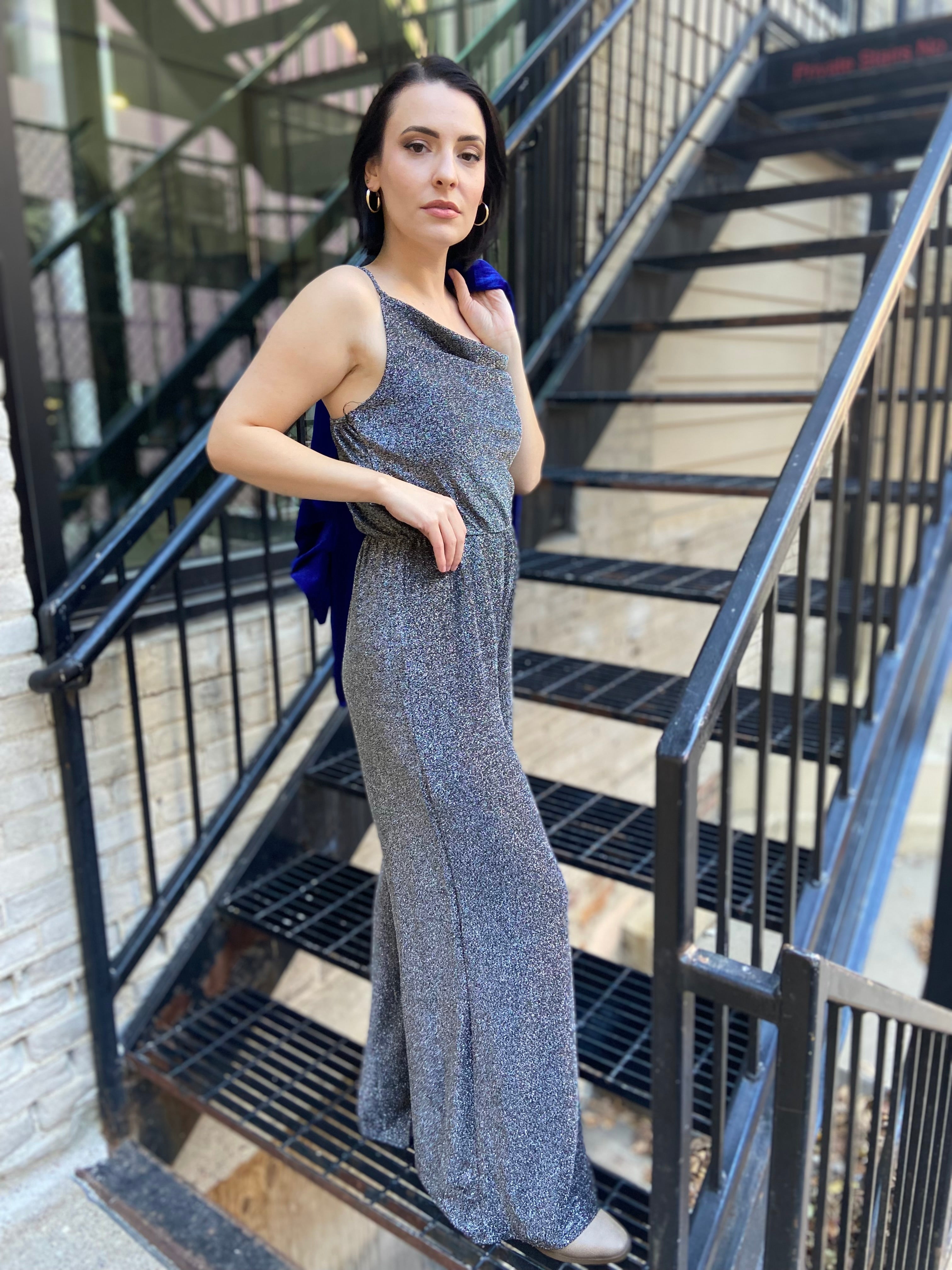 Tiffany Black And Silver Cowl Neck Glitter Jumpsuit