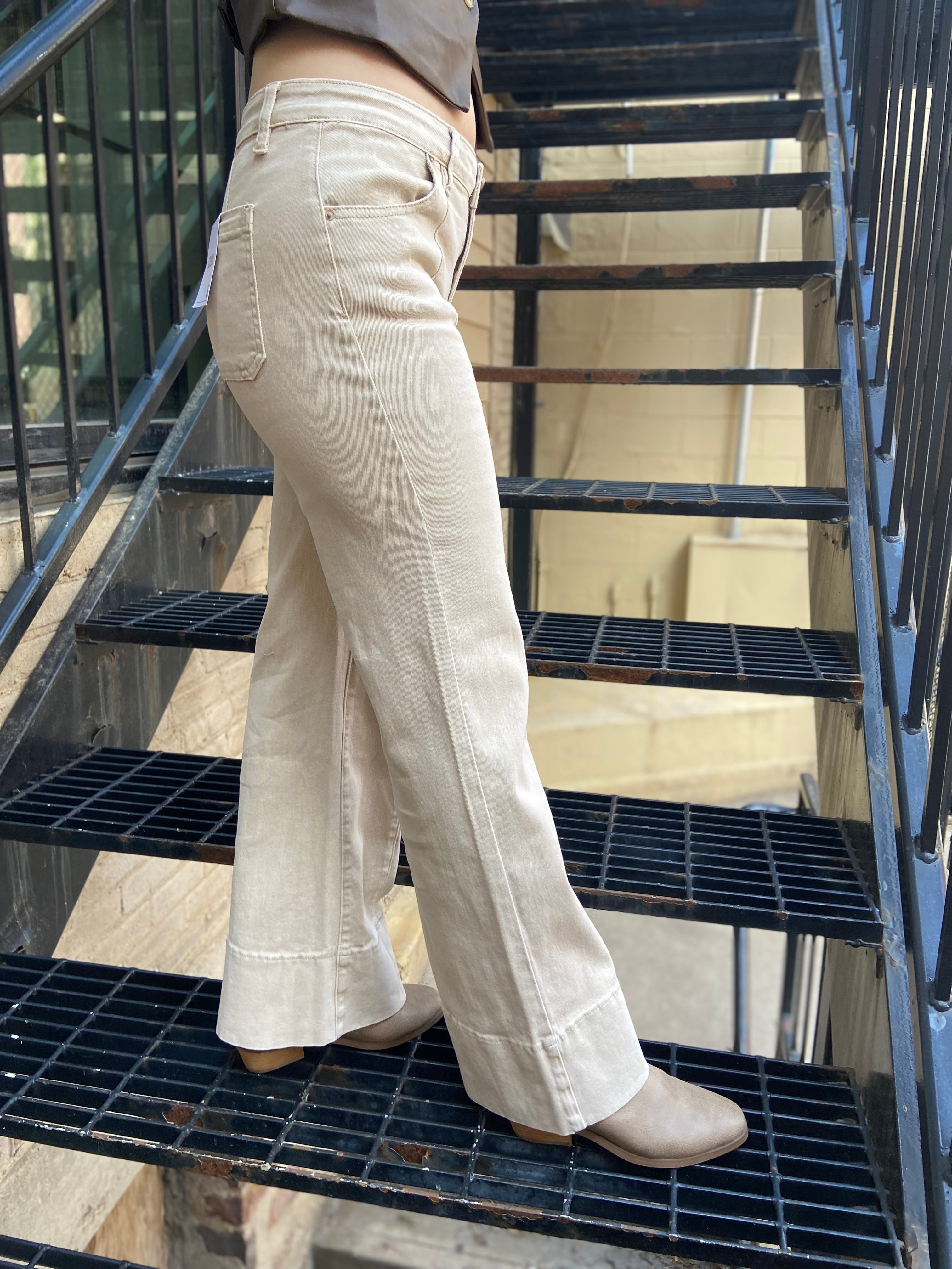 Emmy Beige Mid Rise Wide Leg Jeans - MK Threads Boutique