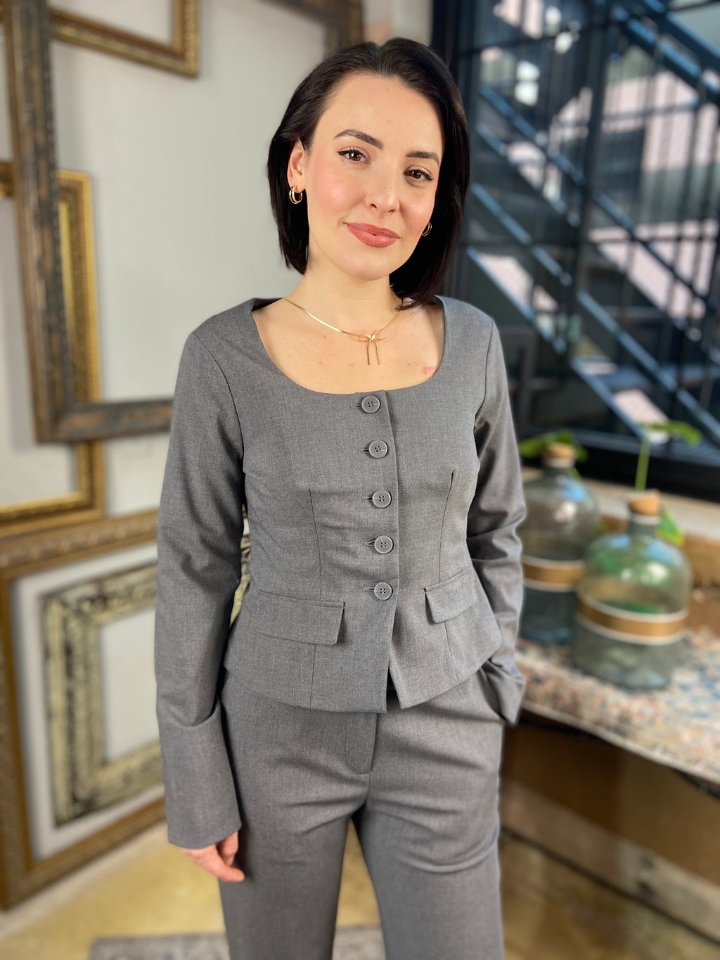 Haven Charcoal Square Neck Fitted Blazer Top - MK Threads Boutique