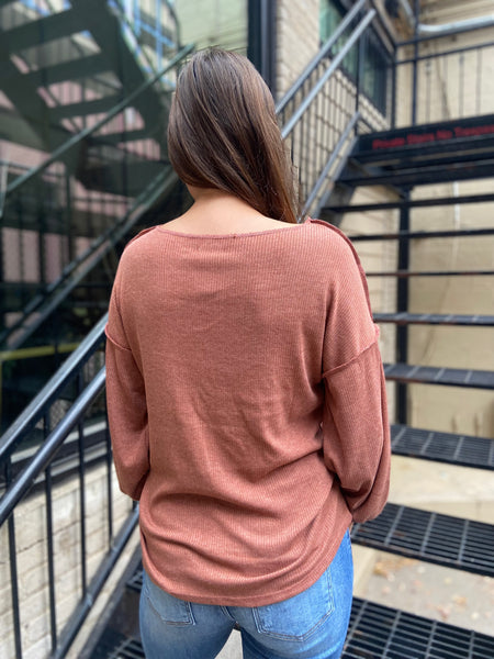 Bella Rust Ribbed Long Sleeve Top