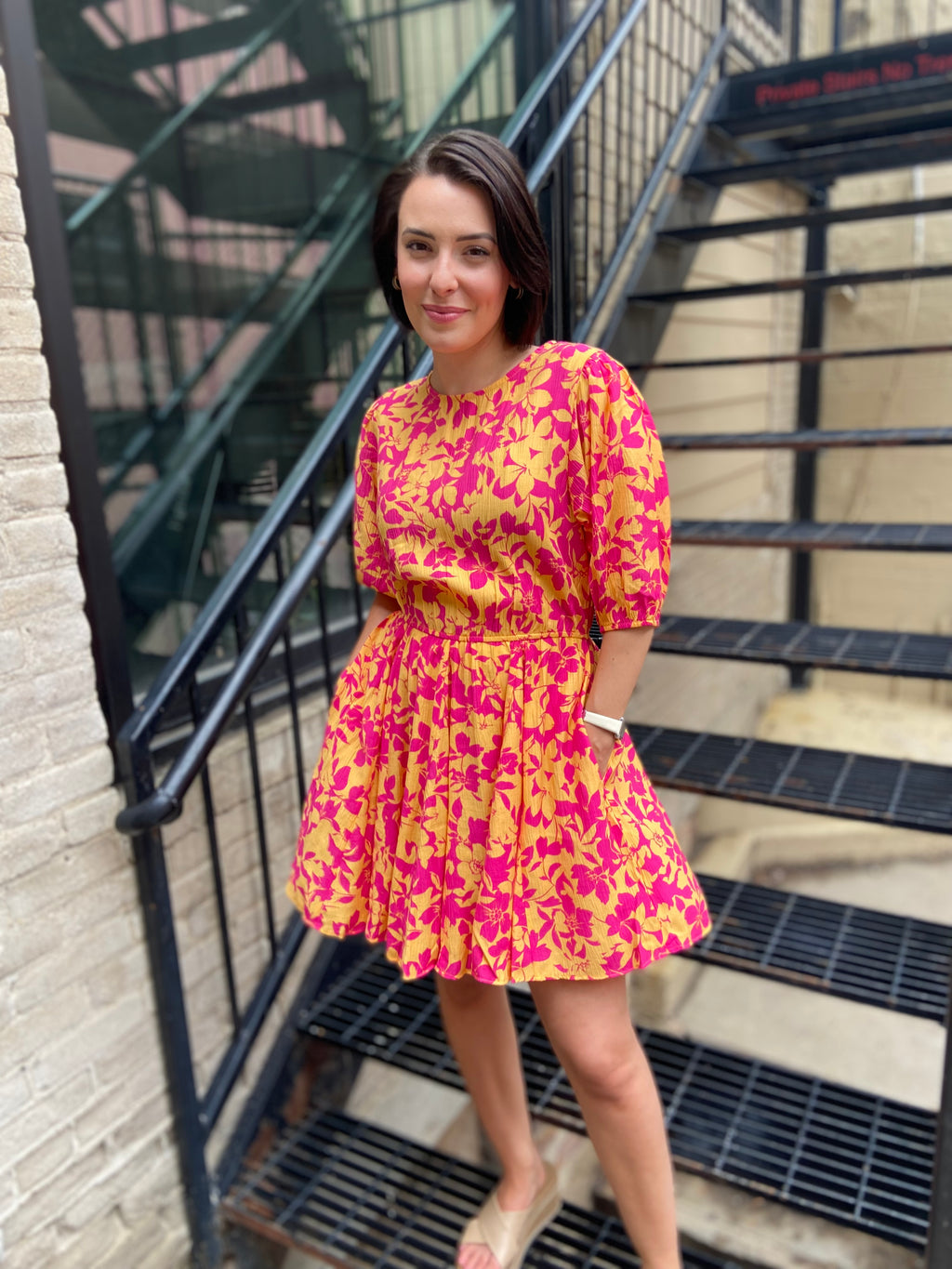 Zoka Peach & Fuchsia Blossom Mini Dress