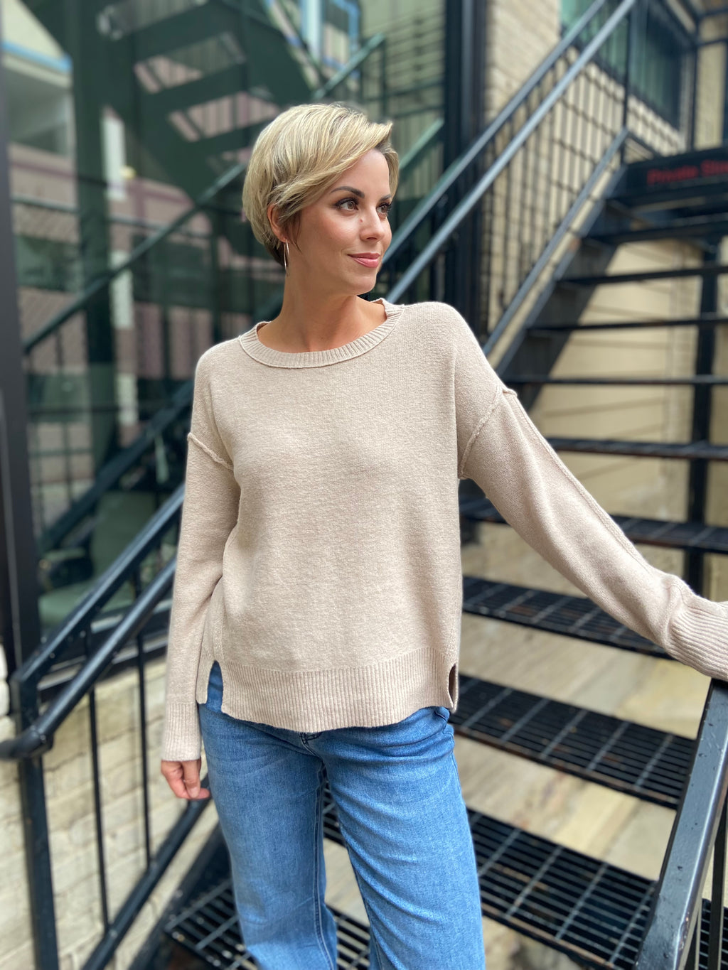 Mya Sand Raw Edge Crewneck Long Sleeve Top