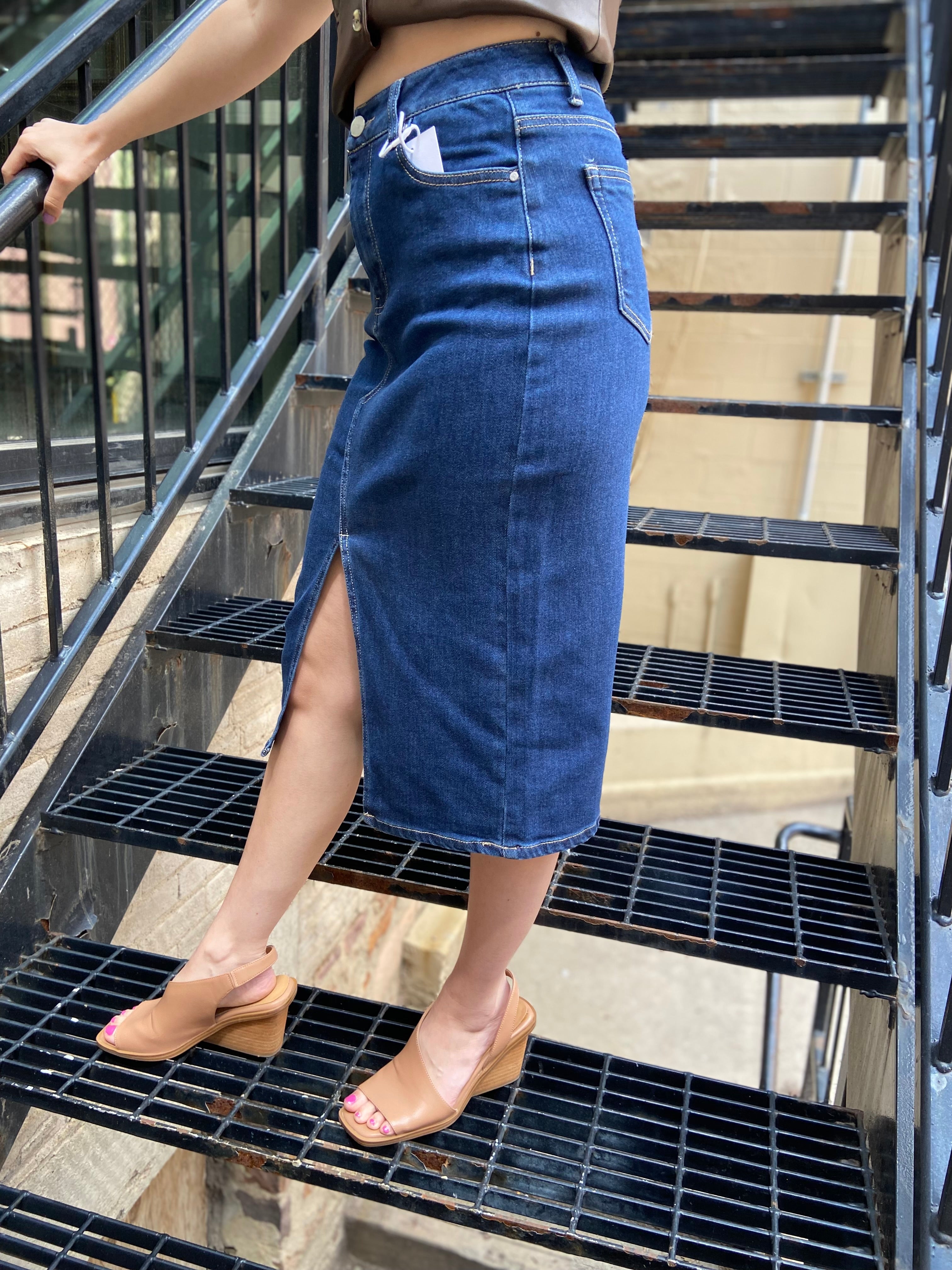 Nanci Dark Wash Midi Risen Jean Skirt