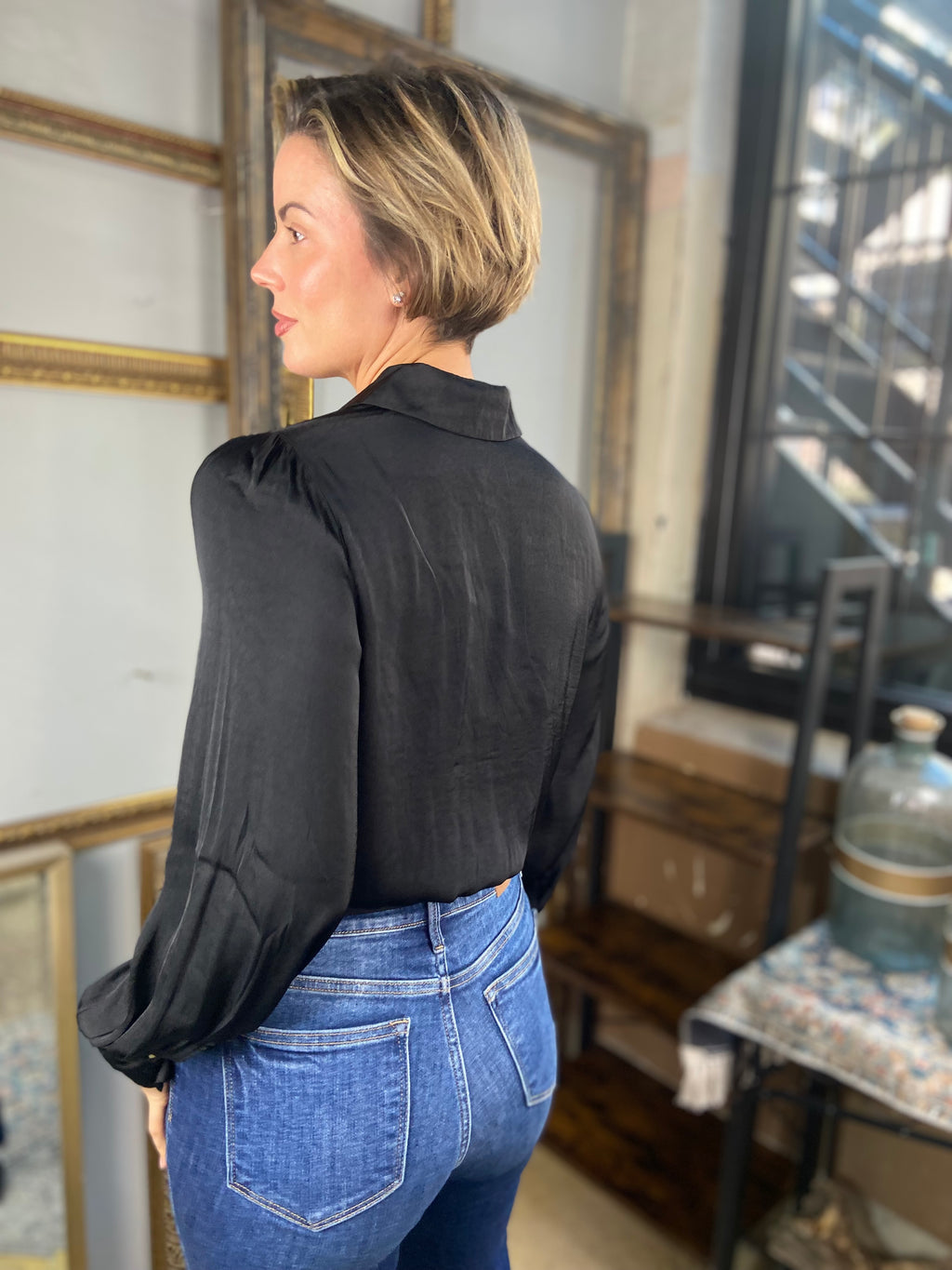 Brooke Black Tie Long Balloon Sleeve Blouse