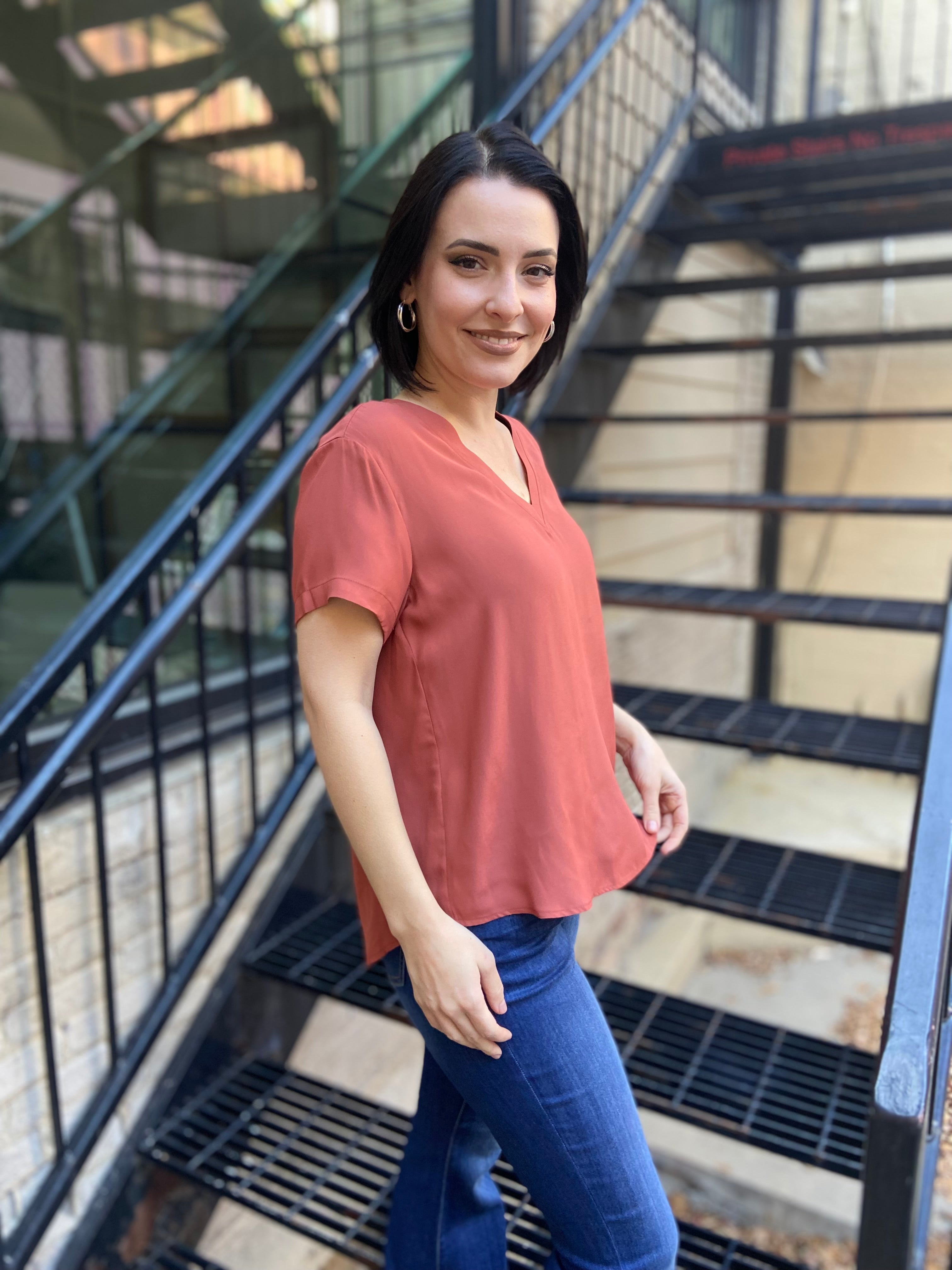 Jessie Marsala V Neck Short Sleeve Blouse