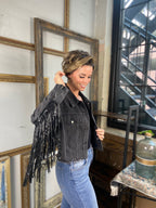 Cara Black Fringe Crop Jean Jacket