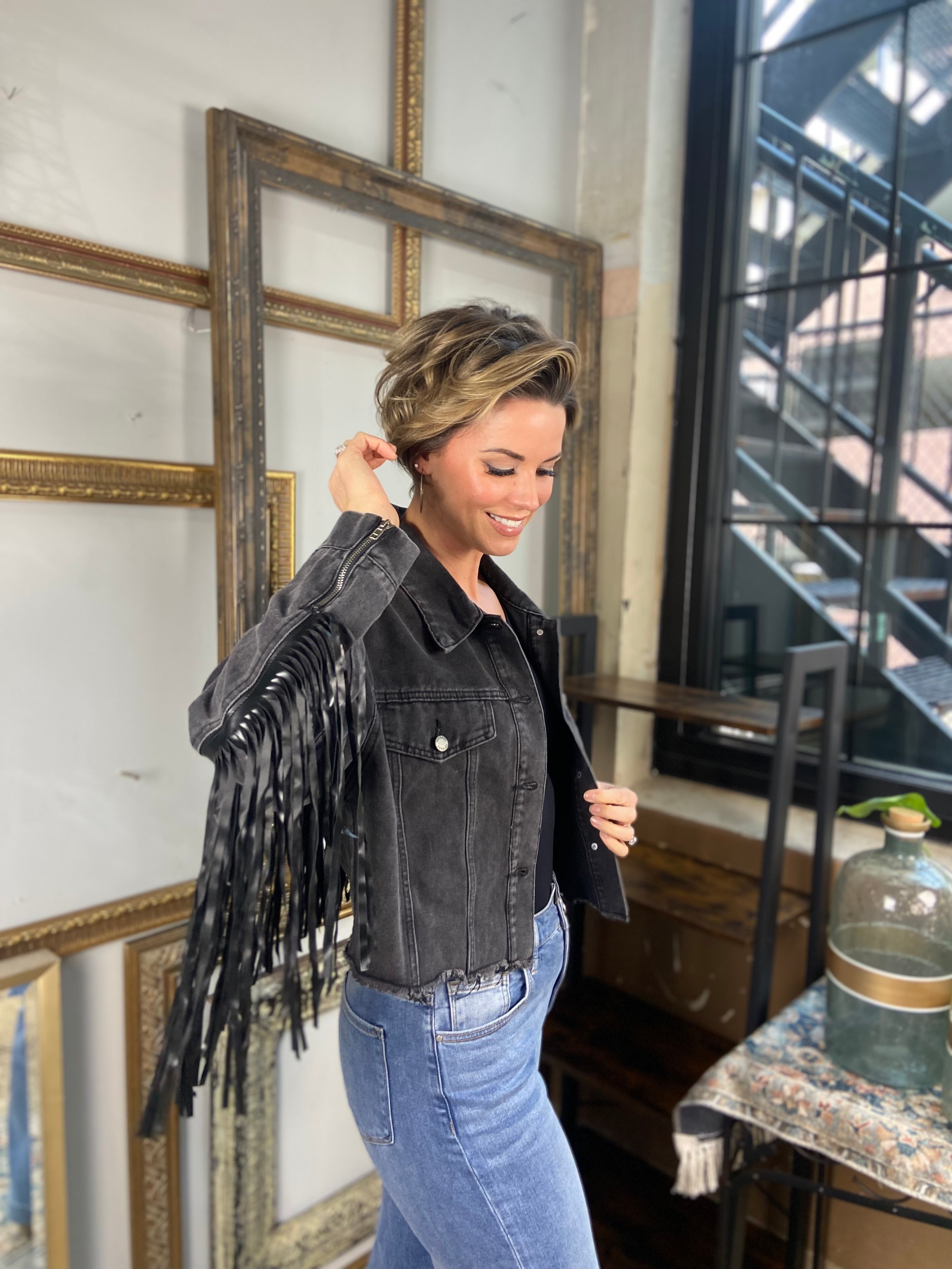 Cara Black Fringe Crop Jean Jacket