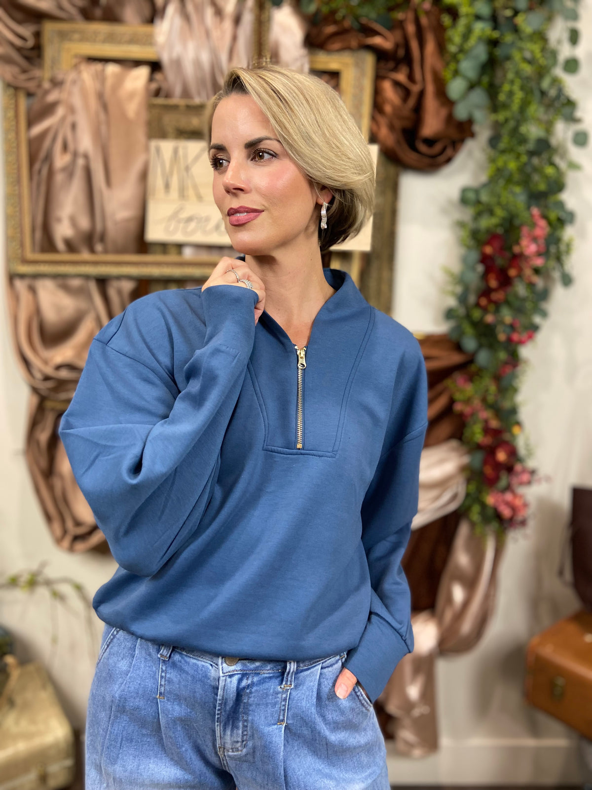 Joan Blue Scuba Half Zip Sweater