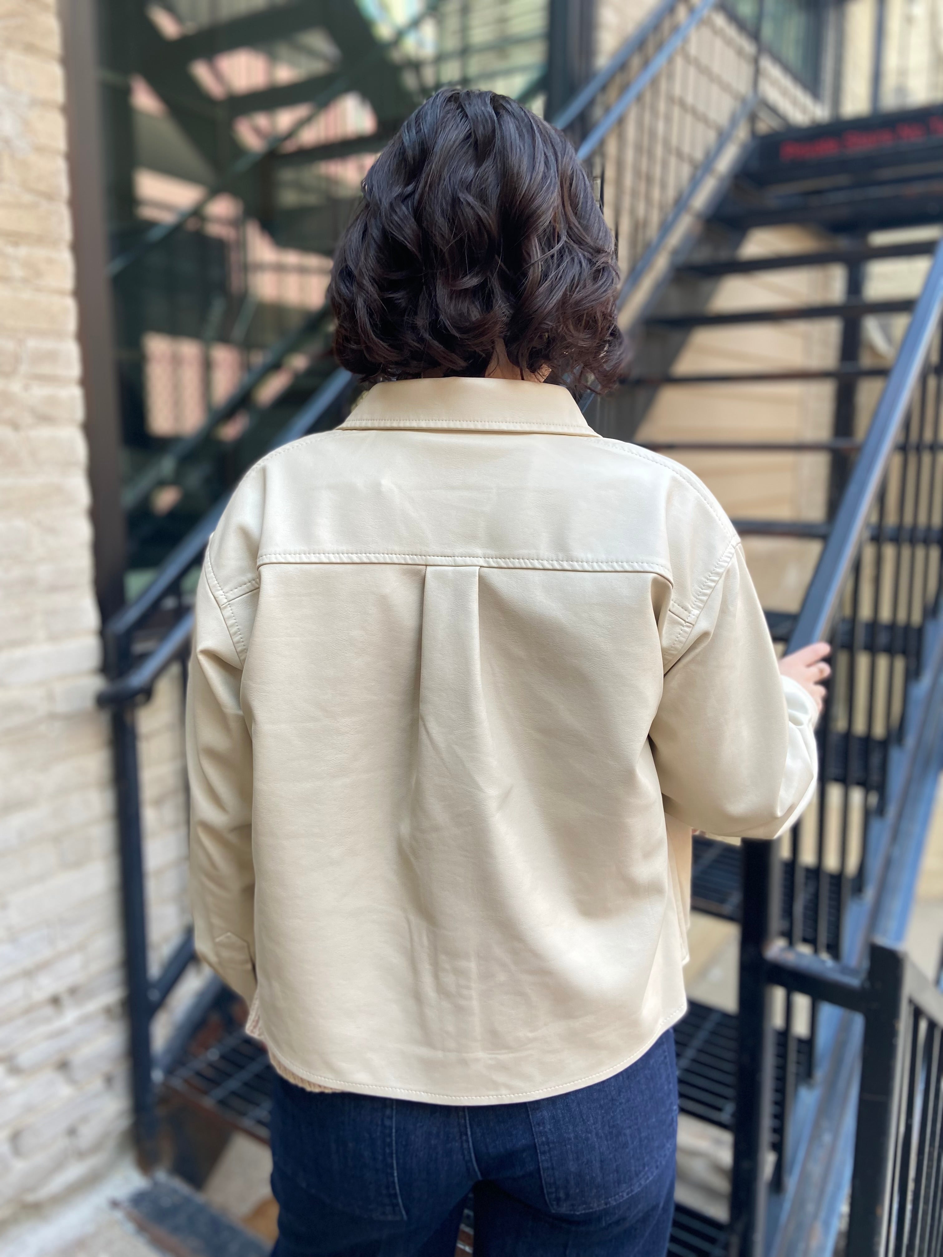 Marlowe Ecru Cropped Faux Leather Jacket