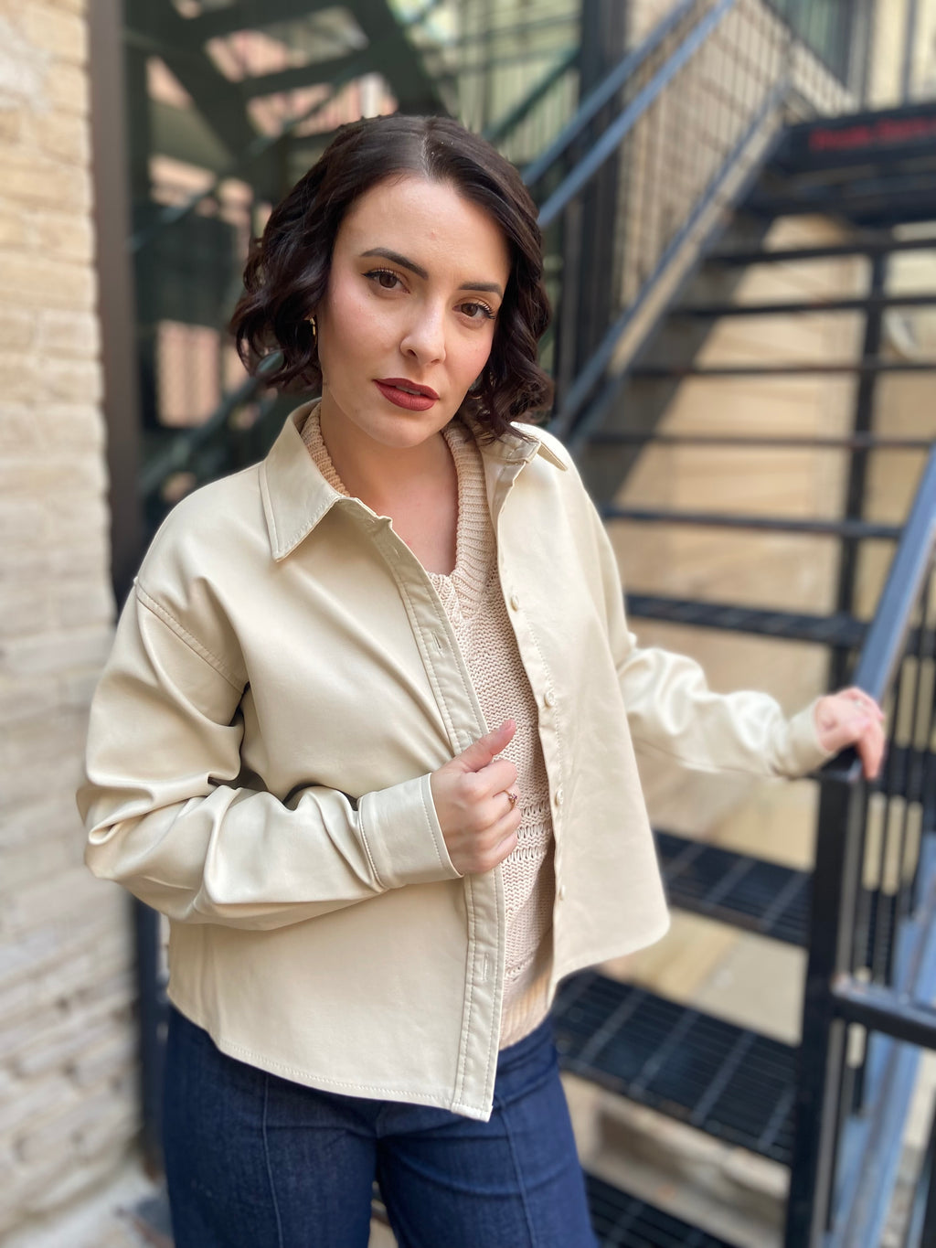 Marlowe Ecru Cropped Faux Leather Jacket