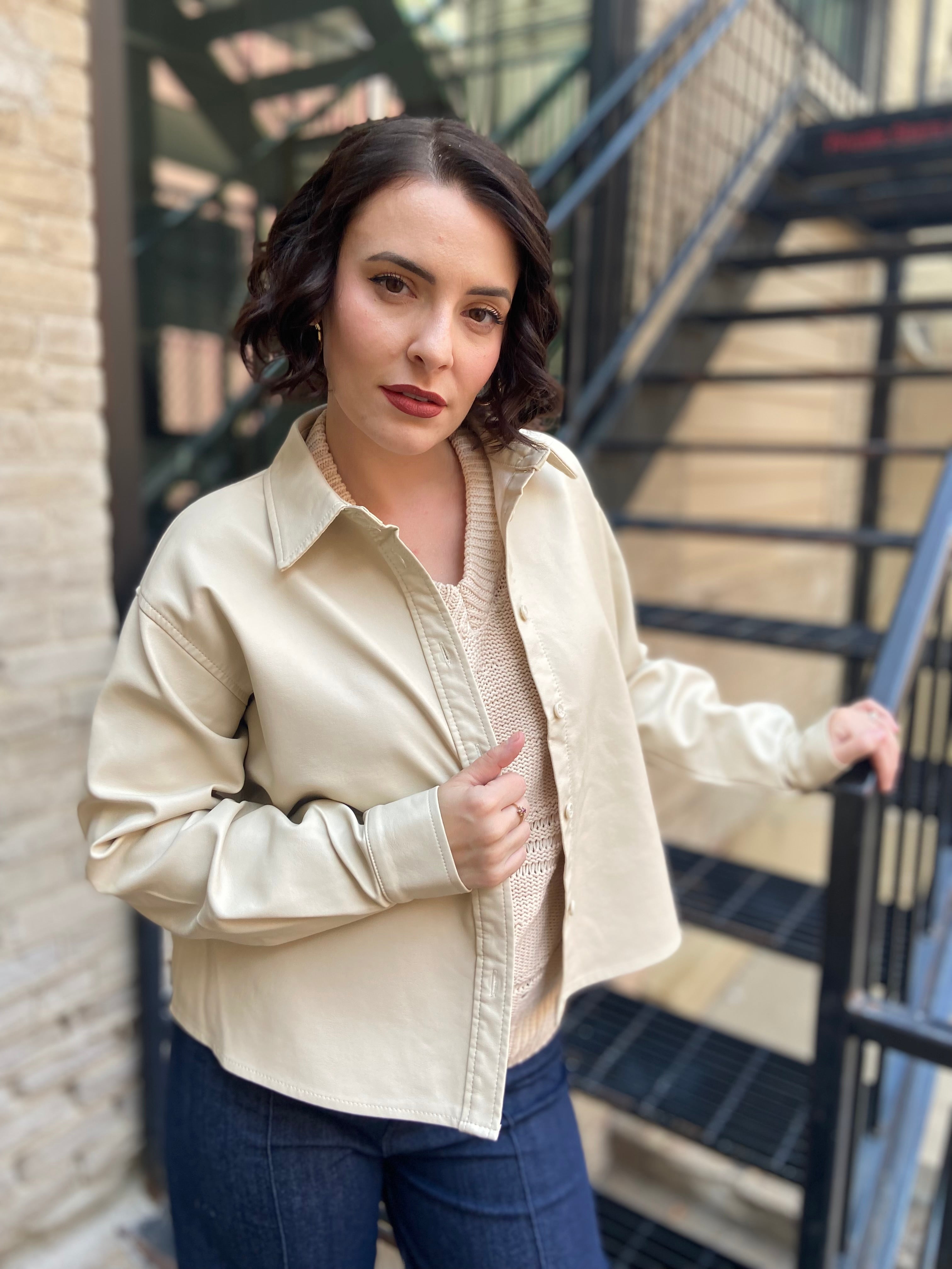 Marlowe Ecru Cropped Faux Leather Jacket
