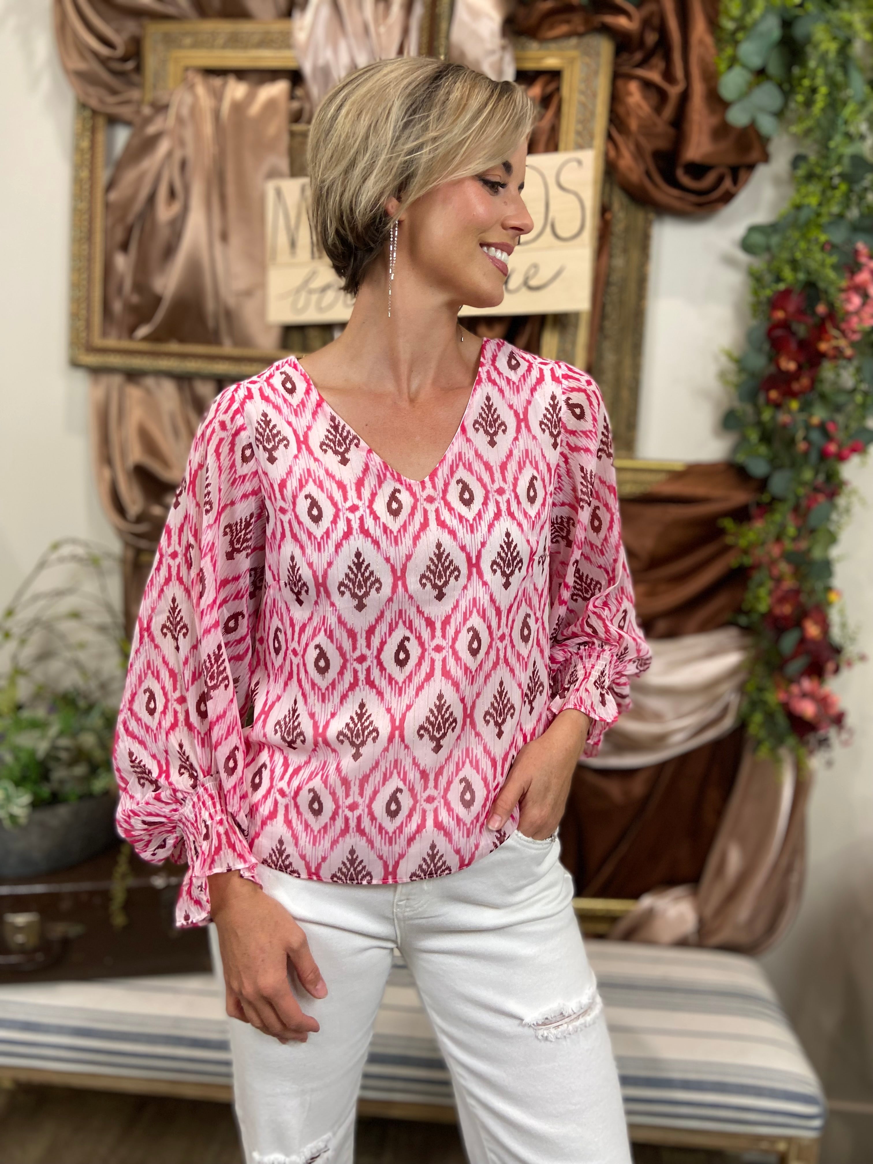 Polly Hot Pink Detail Pattern Long Sleeve Blouse