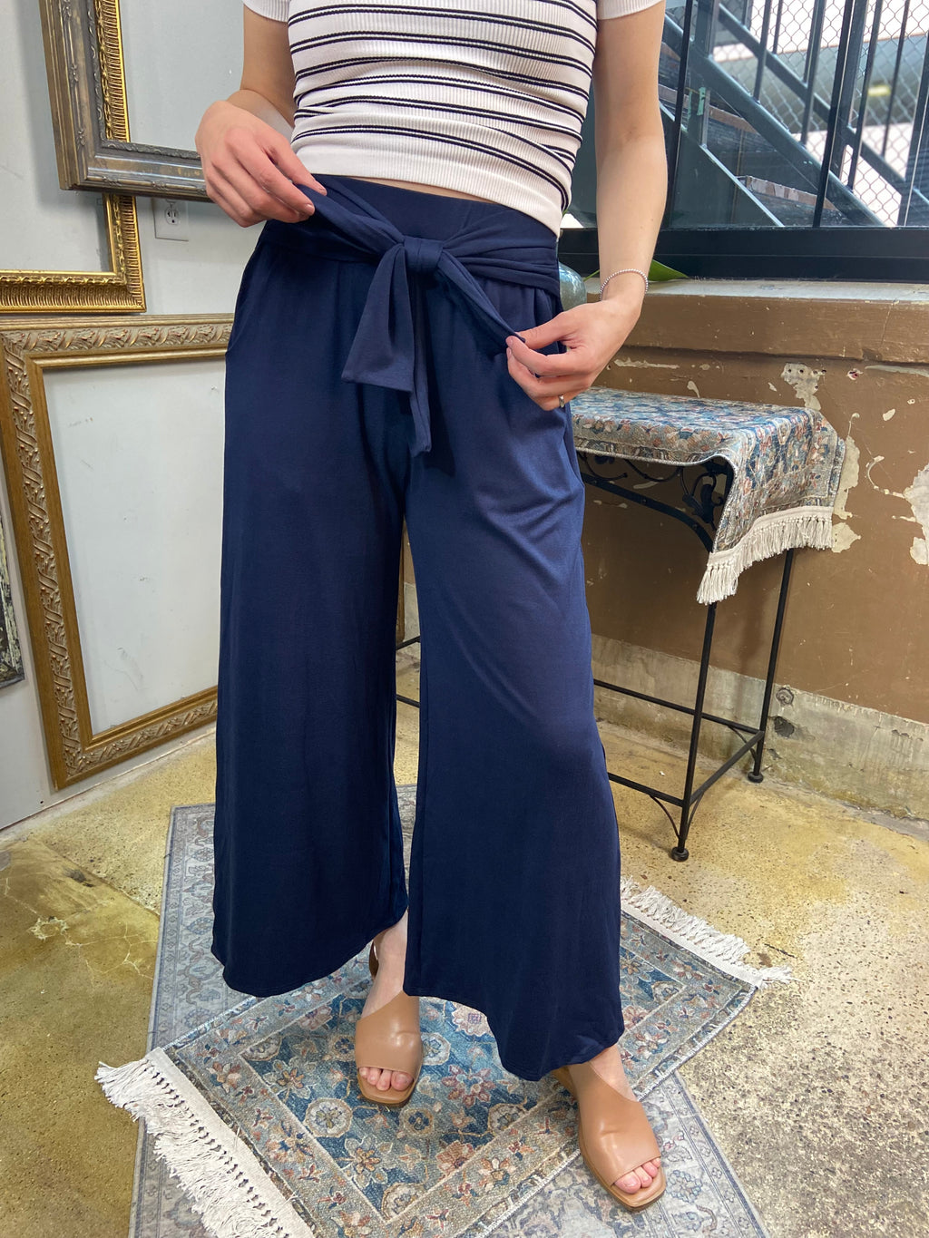Barry Navy Blue Front Tie Knit Palazzo Pants - MK Threads Boutique