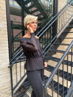 Susan Black Smocked Off Shoulder Long Sleeve Top