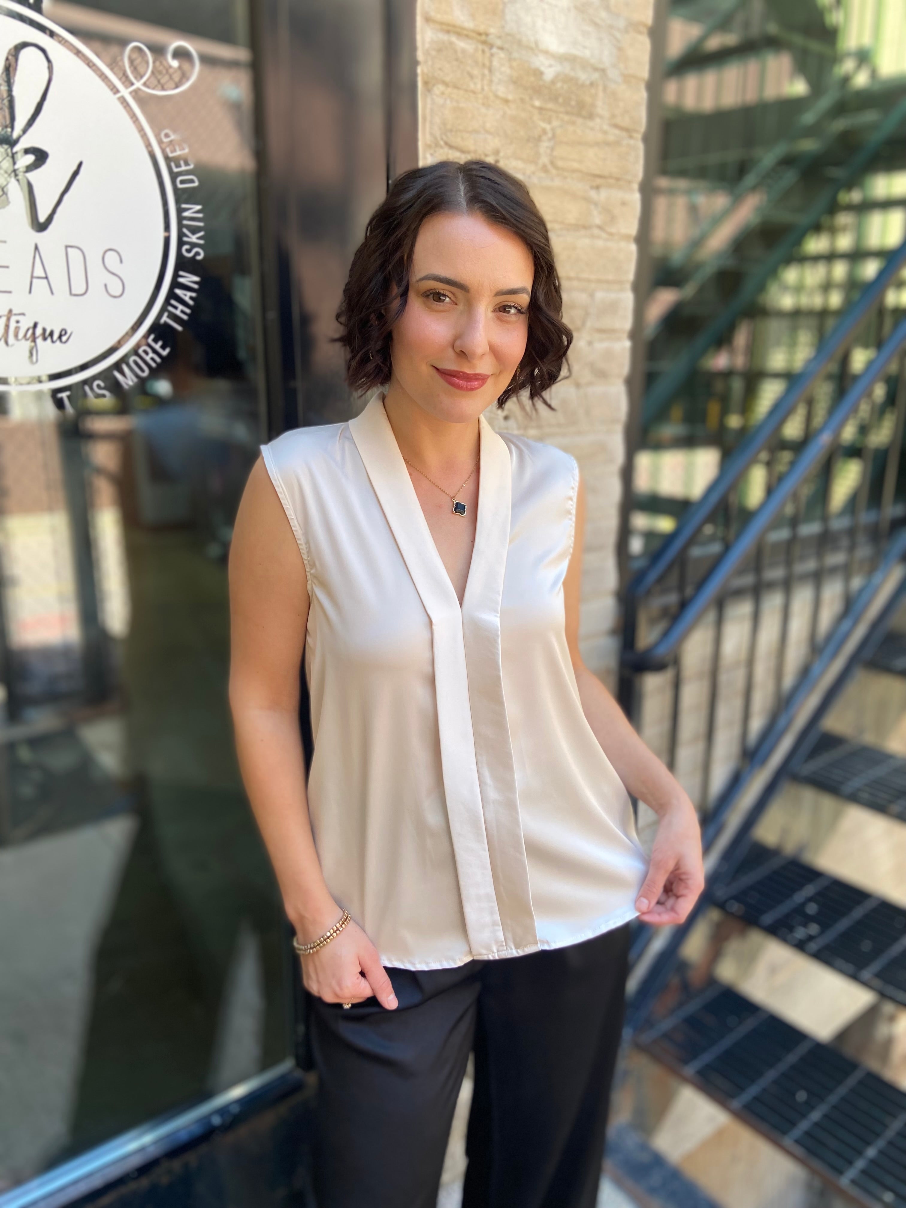 Abbey Champagne Satin Collard Sleeveless Blouse