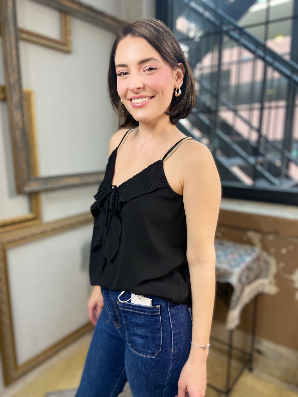 Tessa Black Pleated Ruffle Cami Top