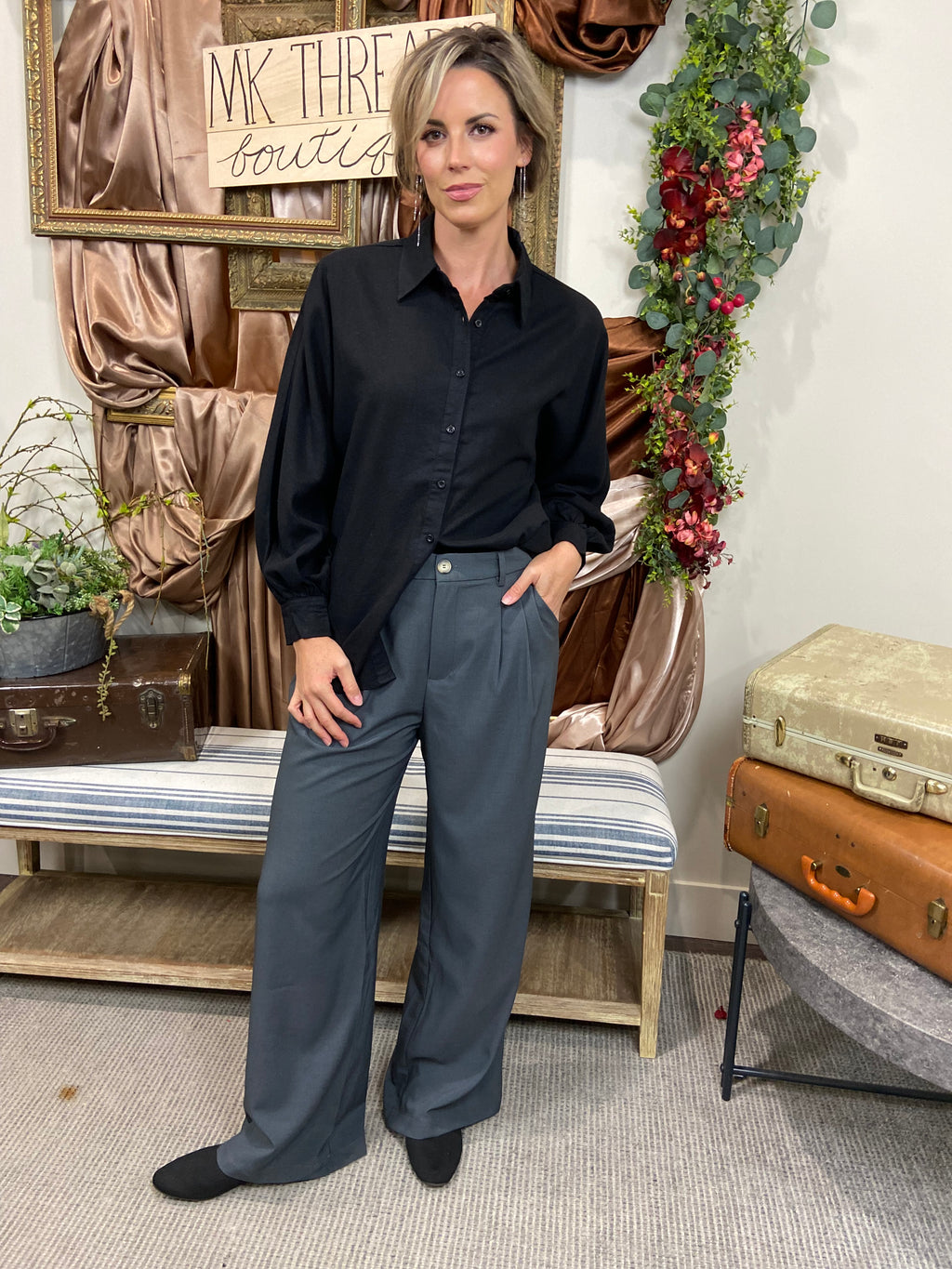 Kittie Black Linen Risen Button Up