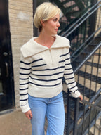 Kim Cream & Black Striped Half Zip Sweater