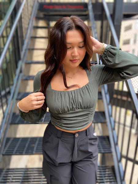 Brycen Pine Green Shirred Cropped Top