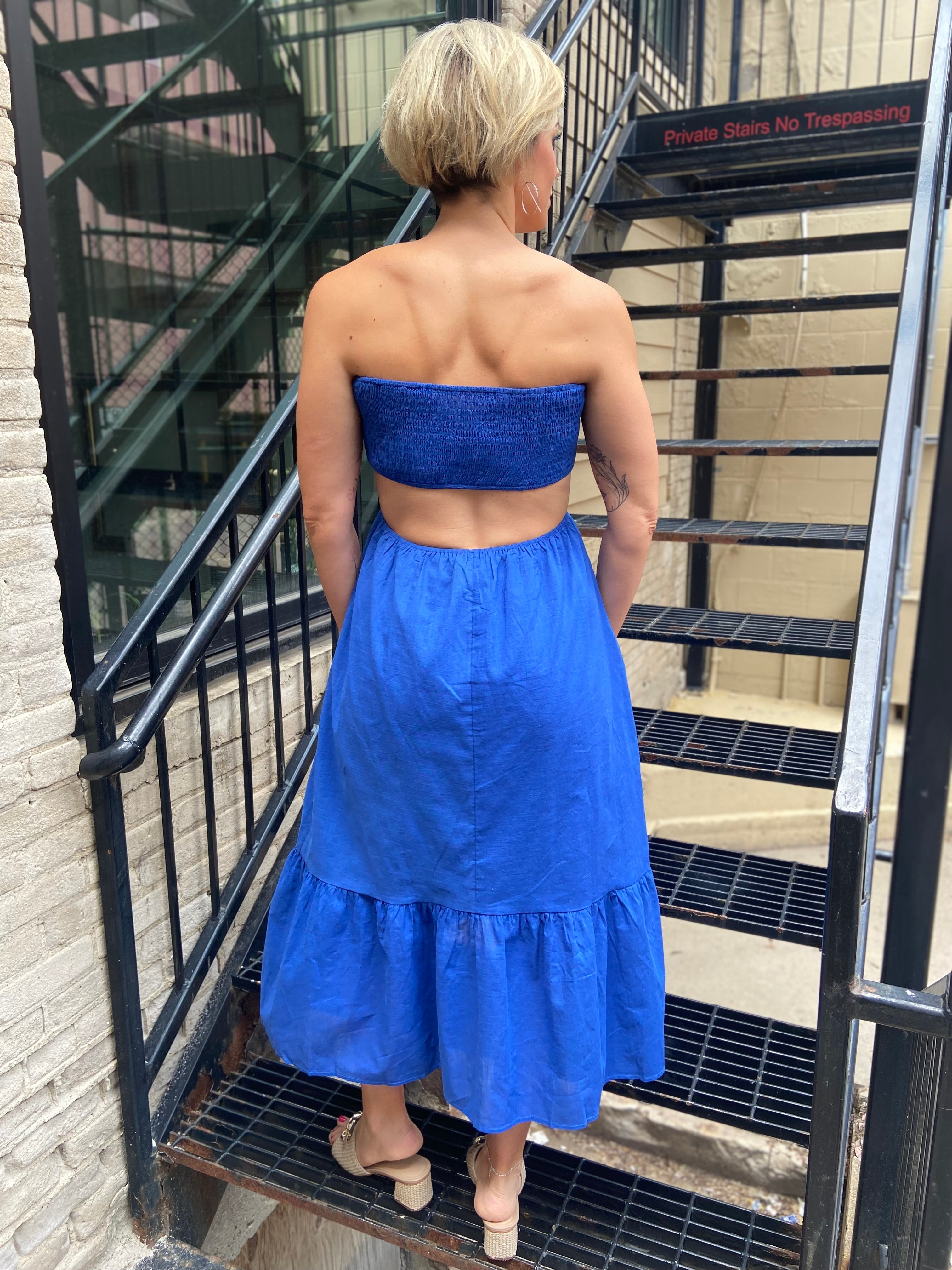Grace Royal Blue Smocked Strapless Midi dress