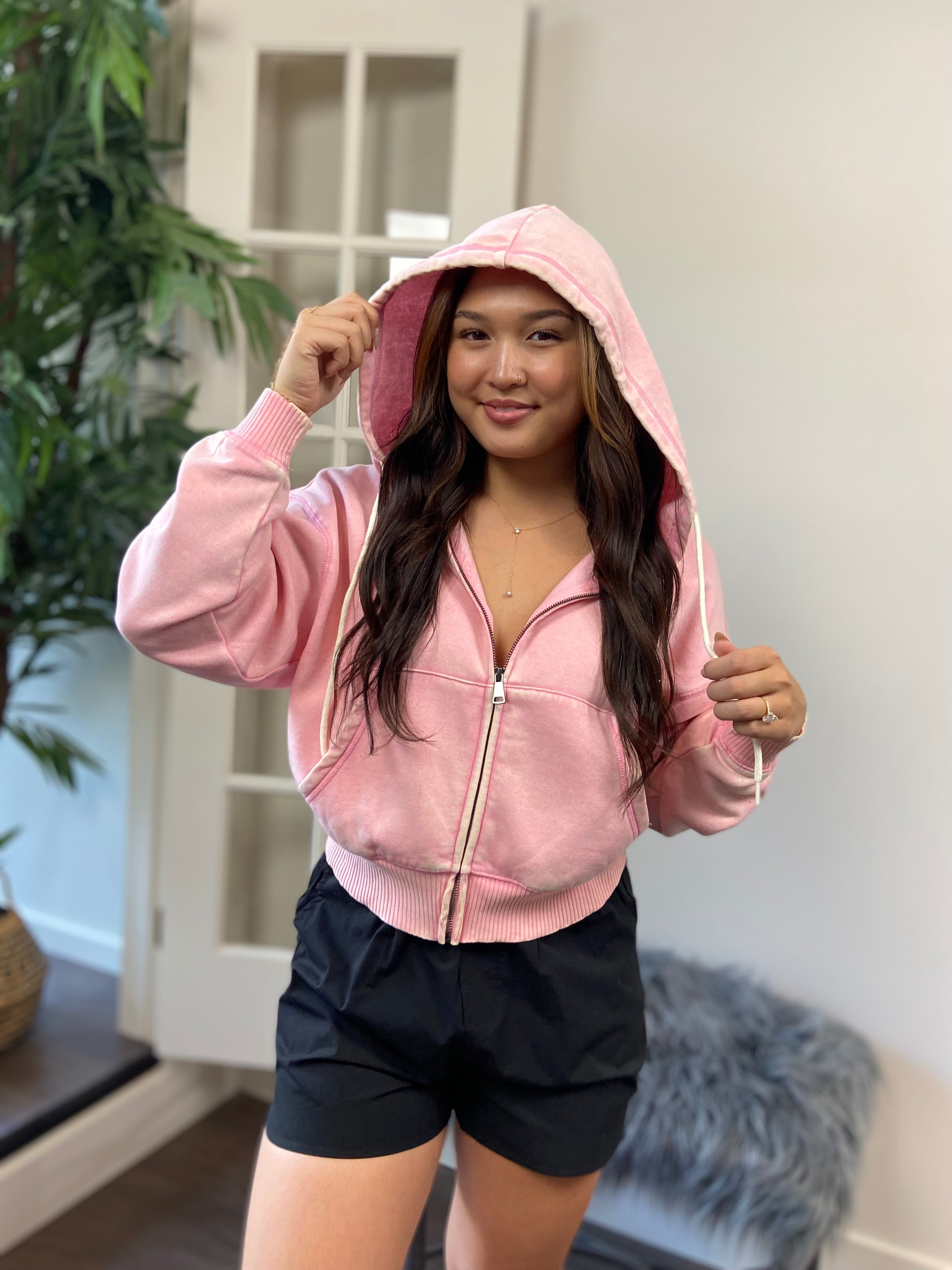 Archie Pink Oversized Cropped Zip Up