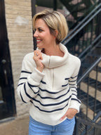 Kim Cream & Black Striped Half Zip Sweater