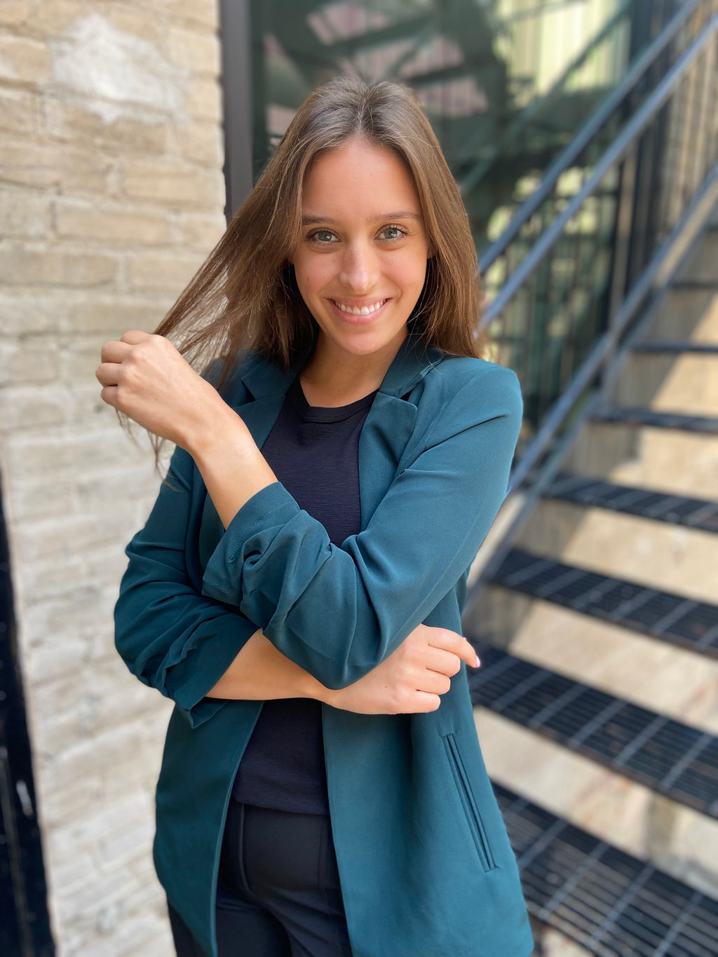 Irena Hunter Green Half Sleeve Open Cropped Blazer