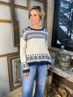 Ellisa Ivory & Navy Pattern Knit Sweater