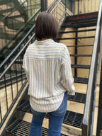 Katie Blue Striped Pocket Long Sleeve Blouse